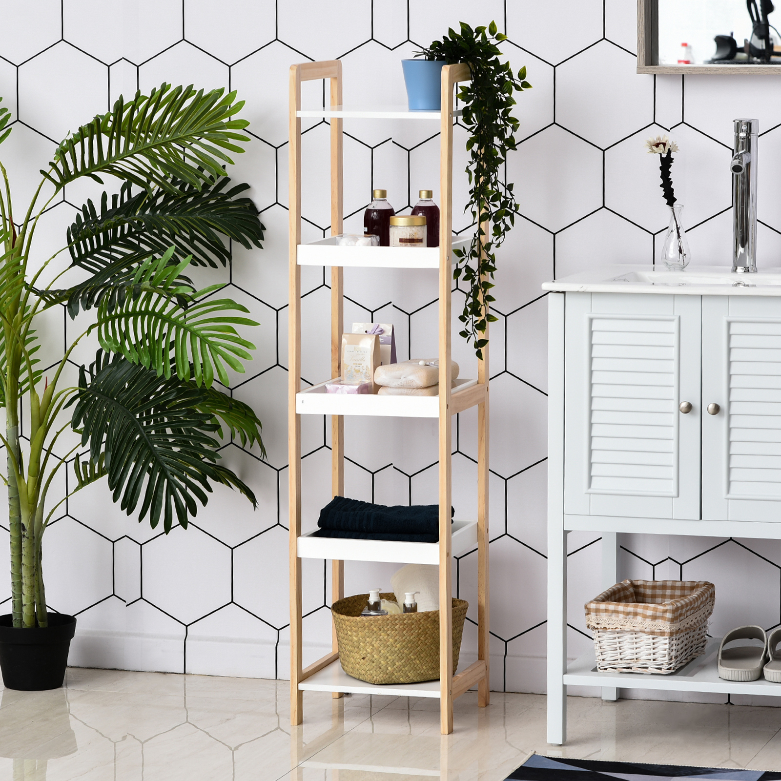HOMCOM® Badregal Standregal Lagerregal Küchenregal 5 Ablagen Bambus + MDF 32 x 30 x 130 cm