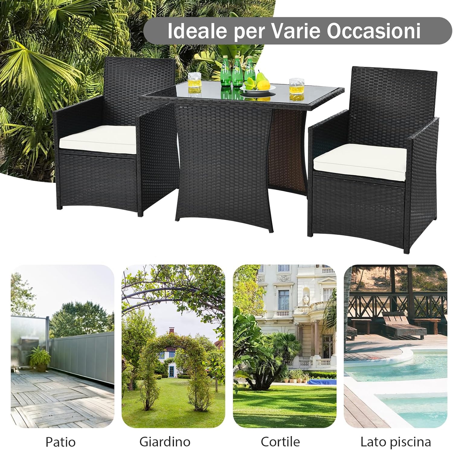 COSTWAY 3 Pezzi Set Mobili da Esterno, Set da Giardino in Rattan PE Salvaspazio con Piano Tavolo in Vetro Temperato e Sedie Imbottite, Tavolo e Sedia da Balcone