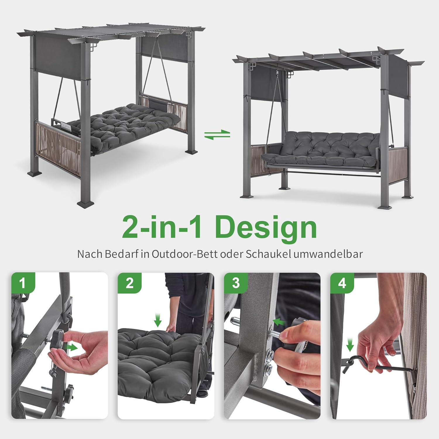 M MCombo dondolo Hollywood 3 posti con funzione letto e padiglione da giardino, dondolo con tettuccio retrattile, cuscino extra spesso da 8 cm e ganci silenziosi, panca da giardino 4067 (grigio)