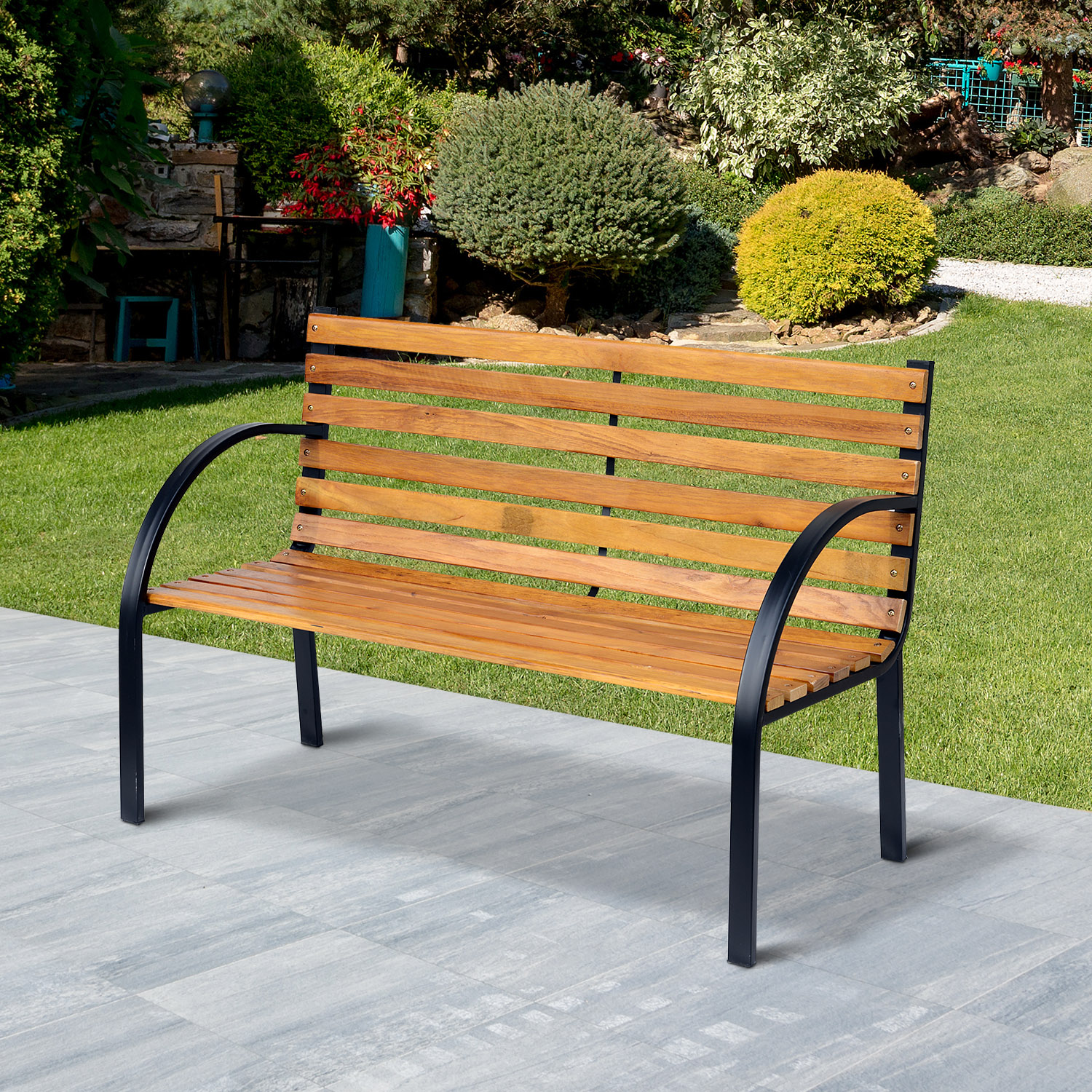 Tuinbank 2-zits zitbank parkbank tuin staal + hout naturel