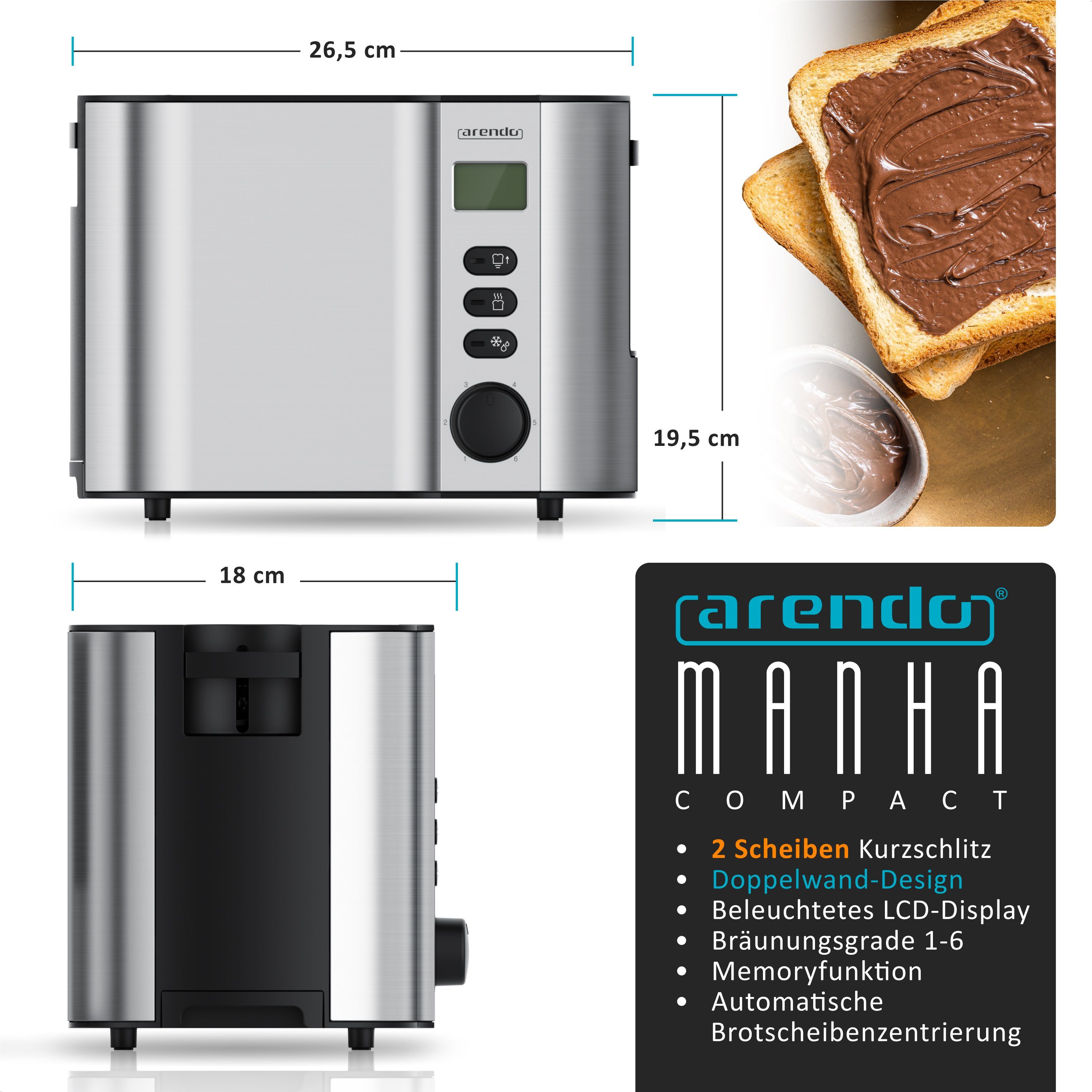 Toaster Edelstahl, 2 Scheiben Kurz, Kurzschlitz, Display, Restzeitanzeige