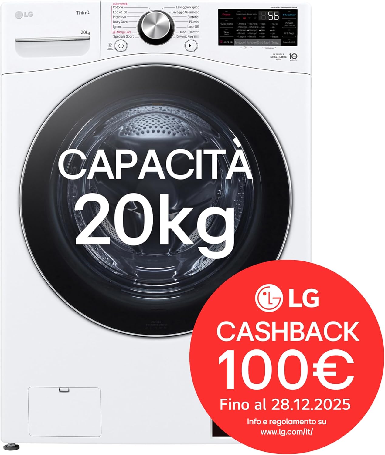 AI DD F0P3020TSWC Lavatrice 20kg, a Carica Frontale, Capacità XL Serie P3, Classe B, 1000 Giri, TurboWash 360, Vapore, Wi-Fi, Motore Inverter Direct Drive, Libera installazione, Bianco