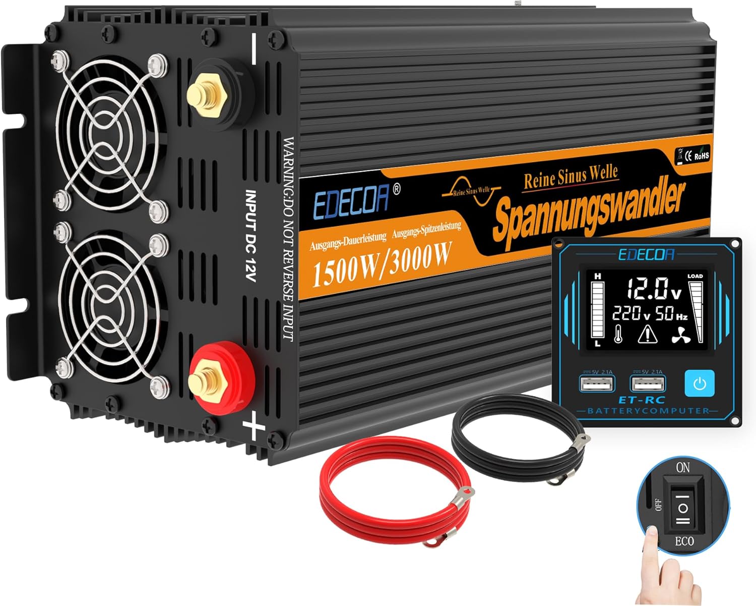 EDECOA Inverter Onda Pura 12v 220v 1500w Telecomando PRO 2x USB Convertitore modo ECO è possibile impostare il tipo di batteria FLD AGM GEL LiFePo4