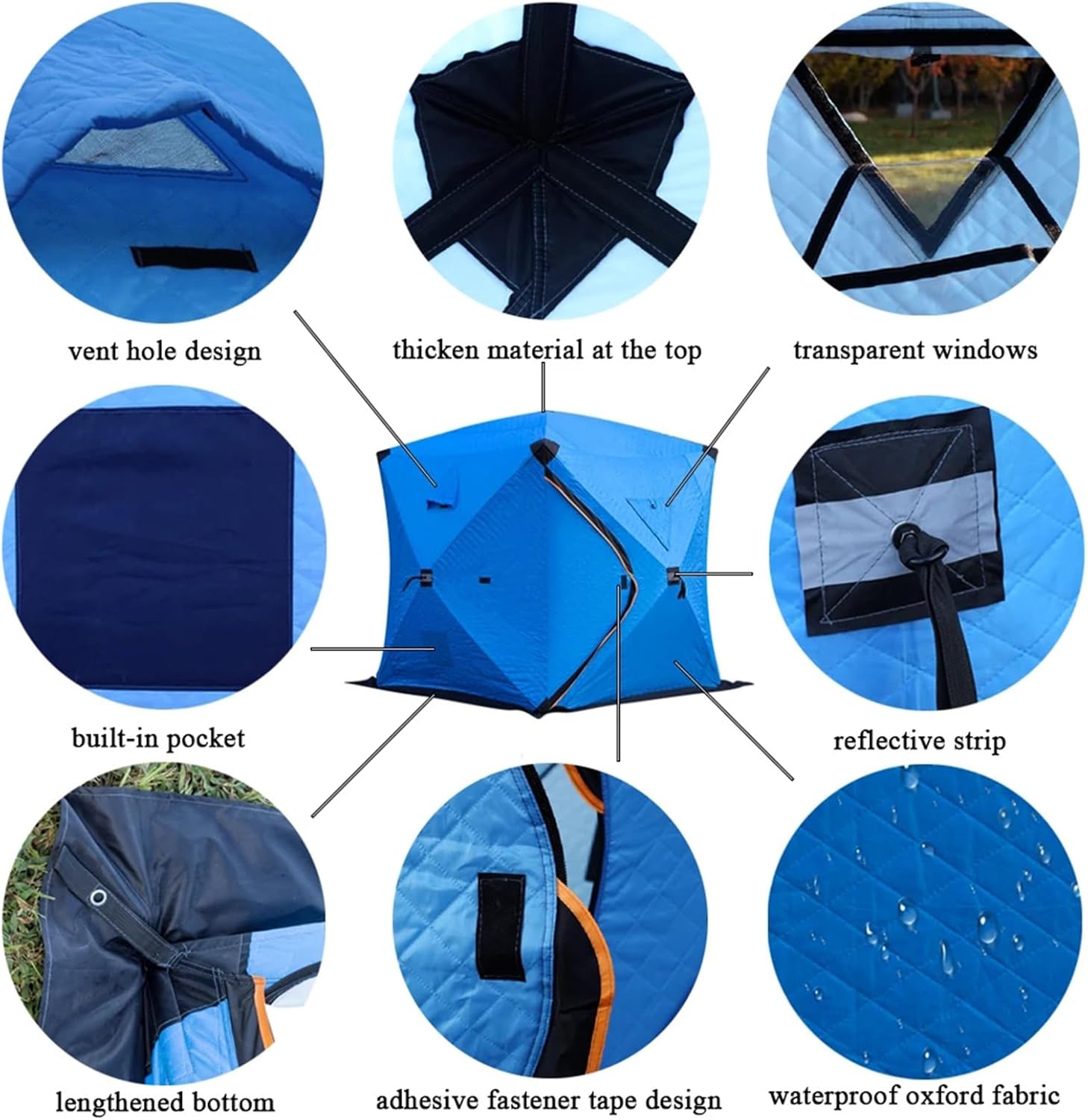 Isolierter Ice Shanty 3-4 Personen Tragbarer Eisangel-Unterstand Mit Herdanschluss, Pop-up-Eisangelzelt-Eishaus Mit 2 Türen Und 4 Fenstern Zum Eisangeln Im Winter Beim Camping