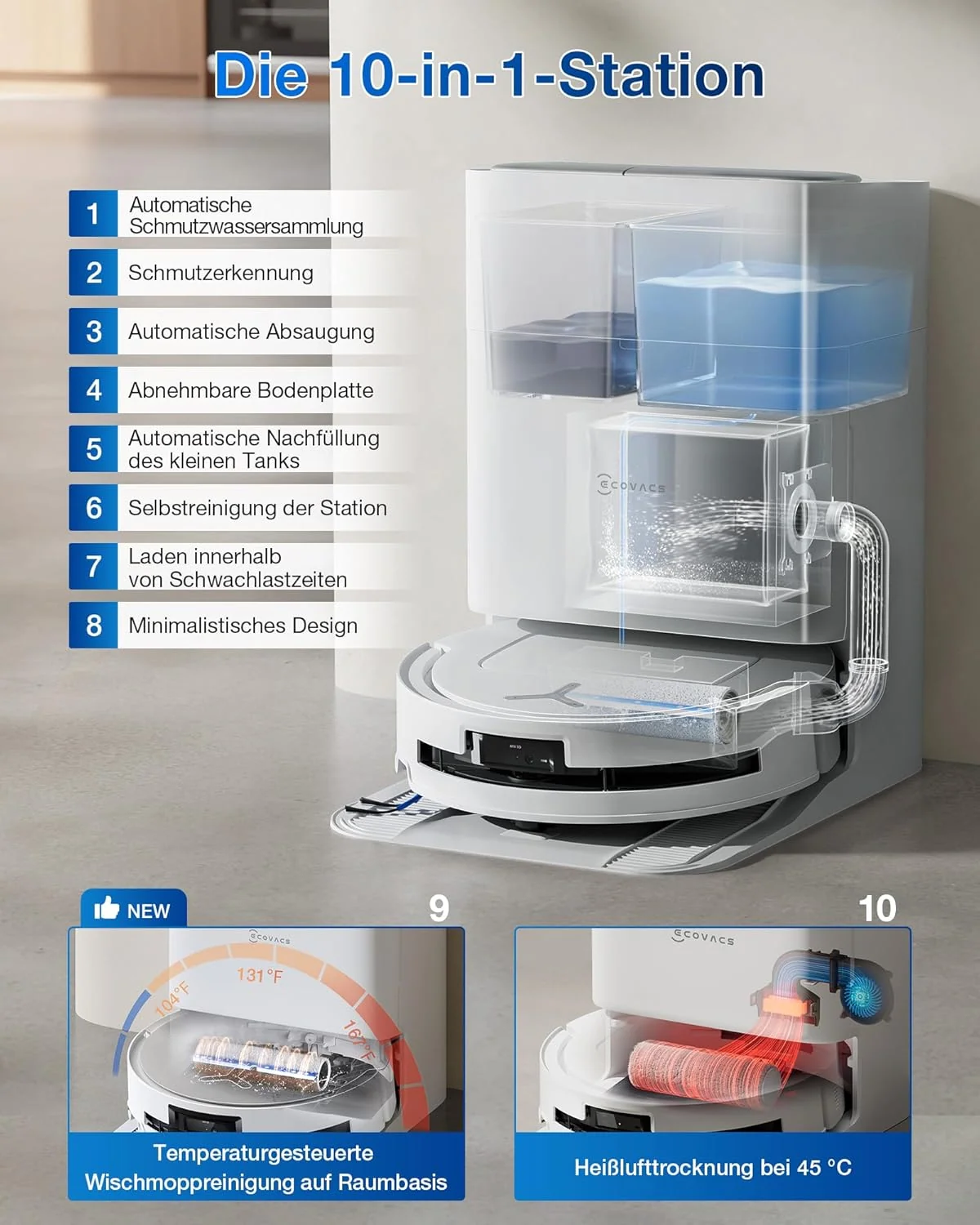 ECOVACS DEEBOT T80 OMNI Saugroboter mit Wischfunktion, 18.000 Pa, OZMO ROLLER Wischwalze mit kontinuierlicher Frischwasser-Selbstreinigung, ZeroTangle 3.0, Moppwäsche mit 40-75℃ heißem Wasser, Weiß