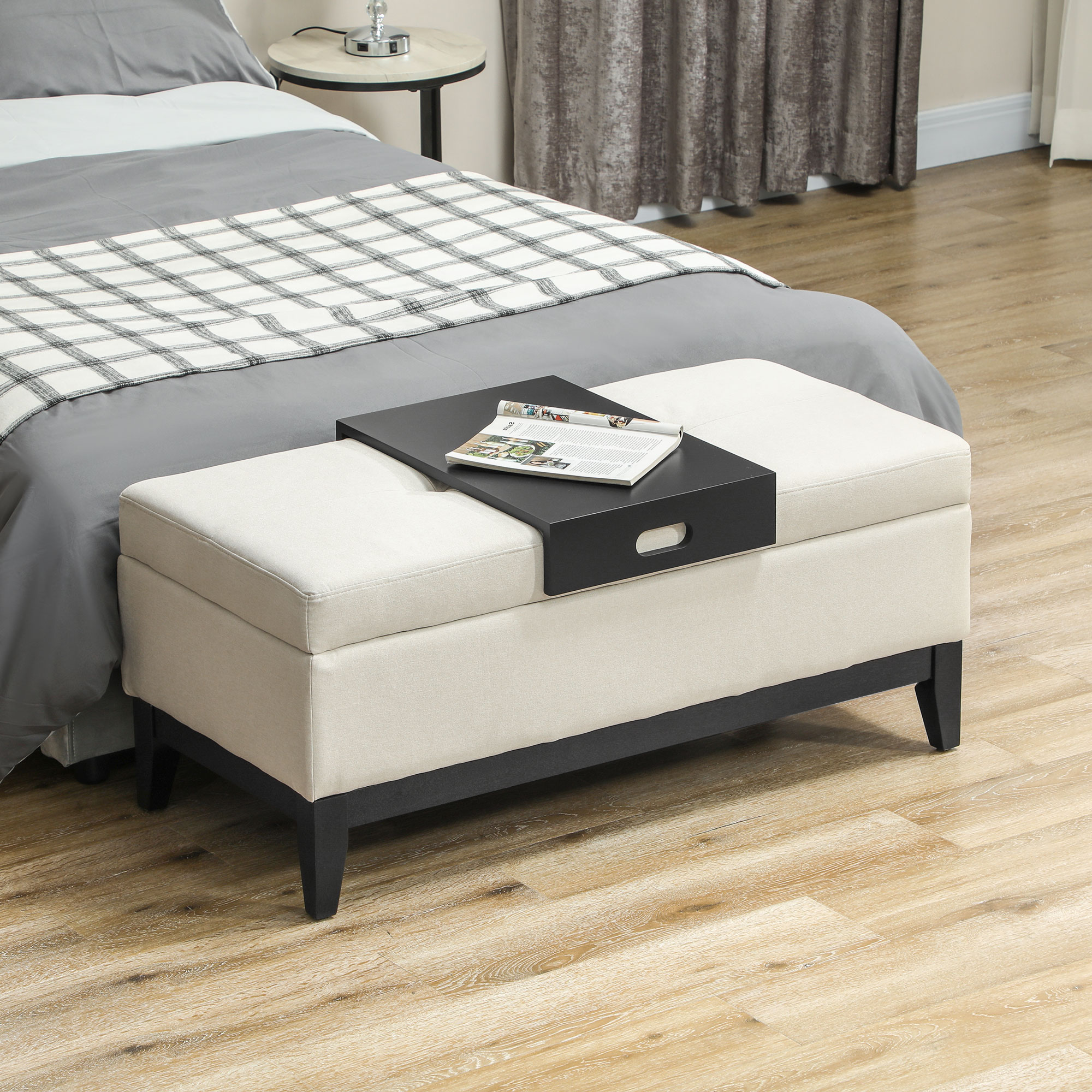 HOMCOM Hocker mit Stauraum, Tablett, Eukalyptusholzrahmen, bis 120 kg, 107 x 50 x 44 cm, Cremeweiß/Schwarz