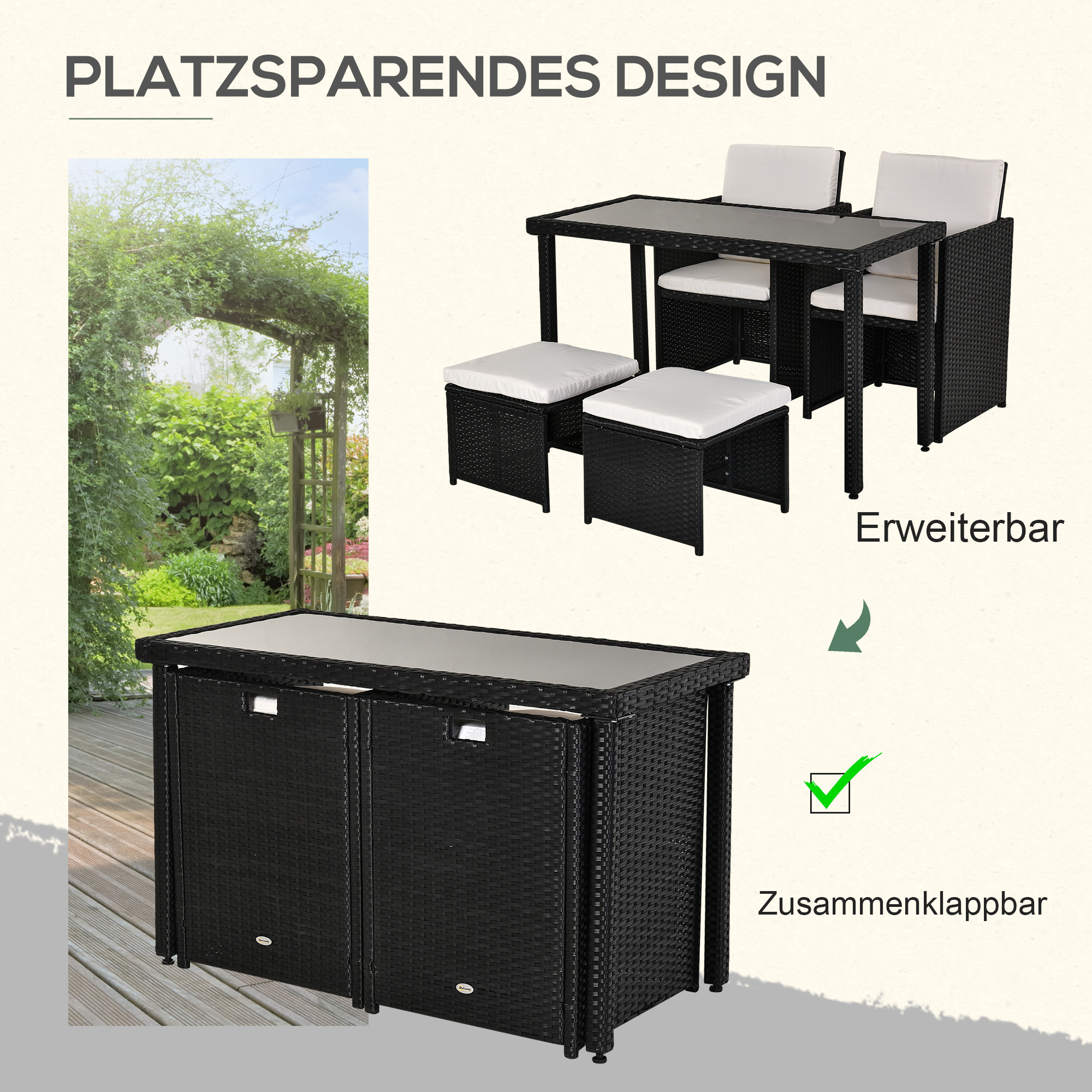 Poly-rotan zitgroep 11-delig Eetset tuinset tuinkussens zwart