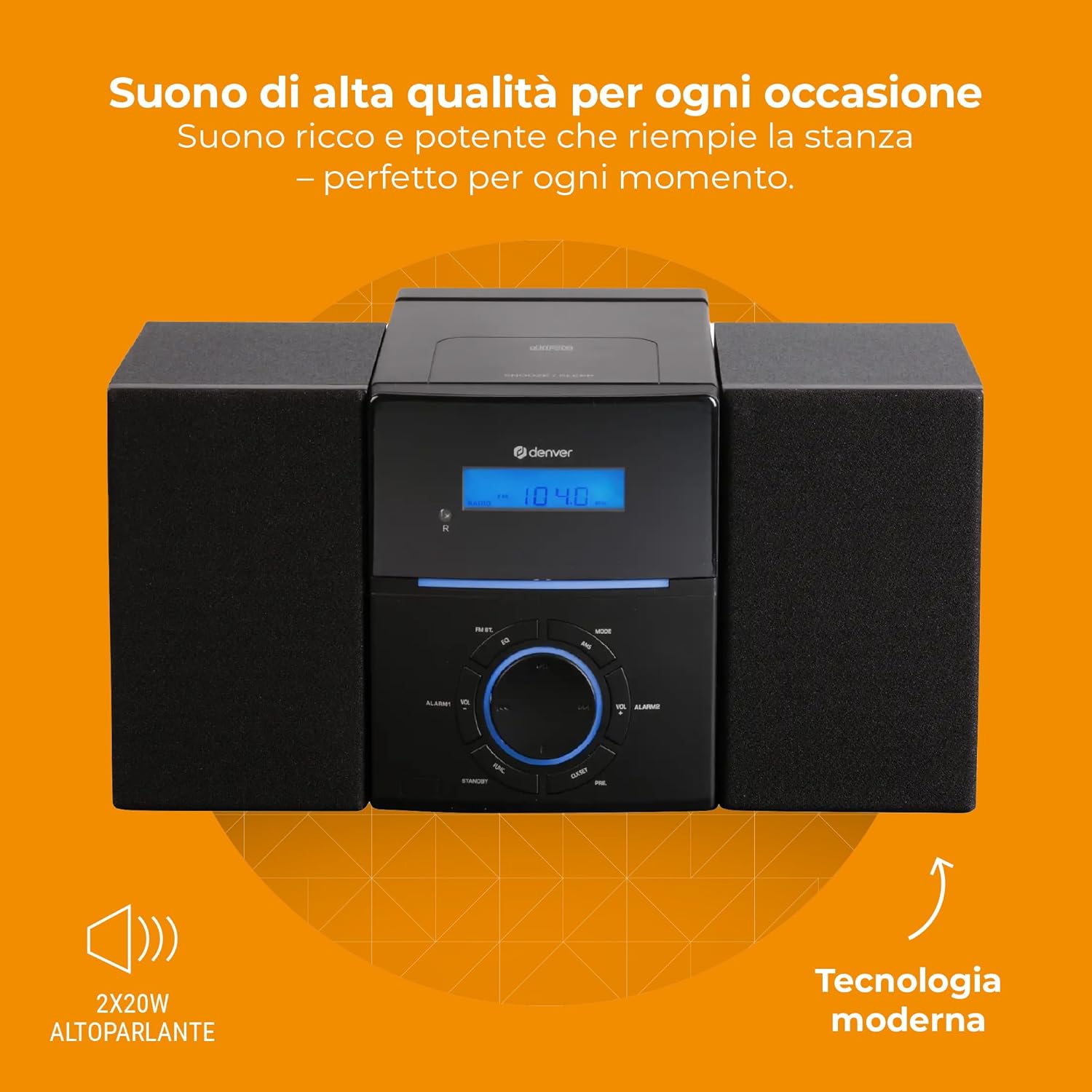 Denver MCA-240 – Impianto stereo casa con lettore CD HiFi, radio FM, sveglia doppia, AUX, telecomando incluso – Mini stereo compatto per casa