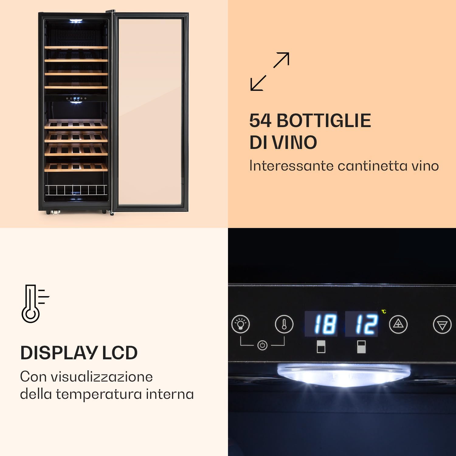 Klarstein Cantinetta Vino, Cantinetta Vino Refrigerata a Zona Doppia per Interno/Esterni, Frigo Bar Cantina Vino con Vetrina, Mini Bar con Protezione UV, Frigo Vino Touch, 5-18°C, 54 Bottiglie