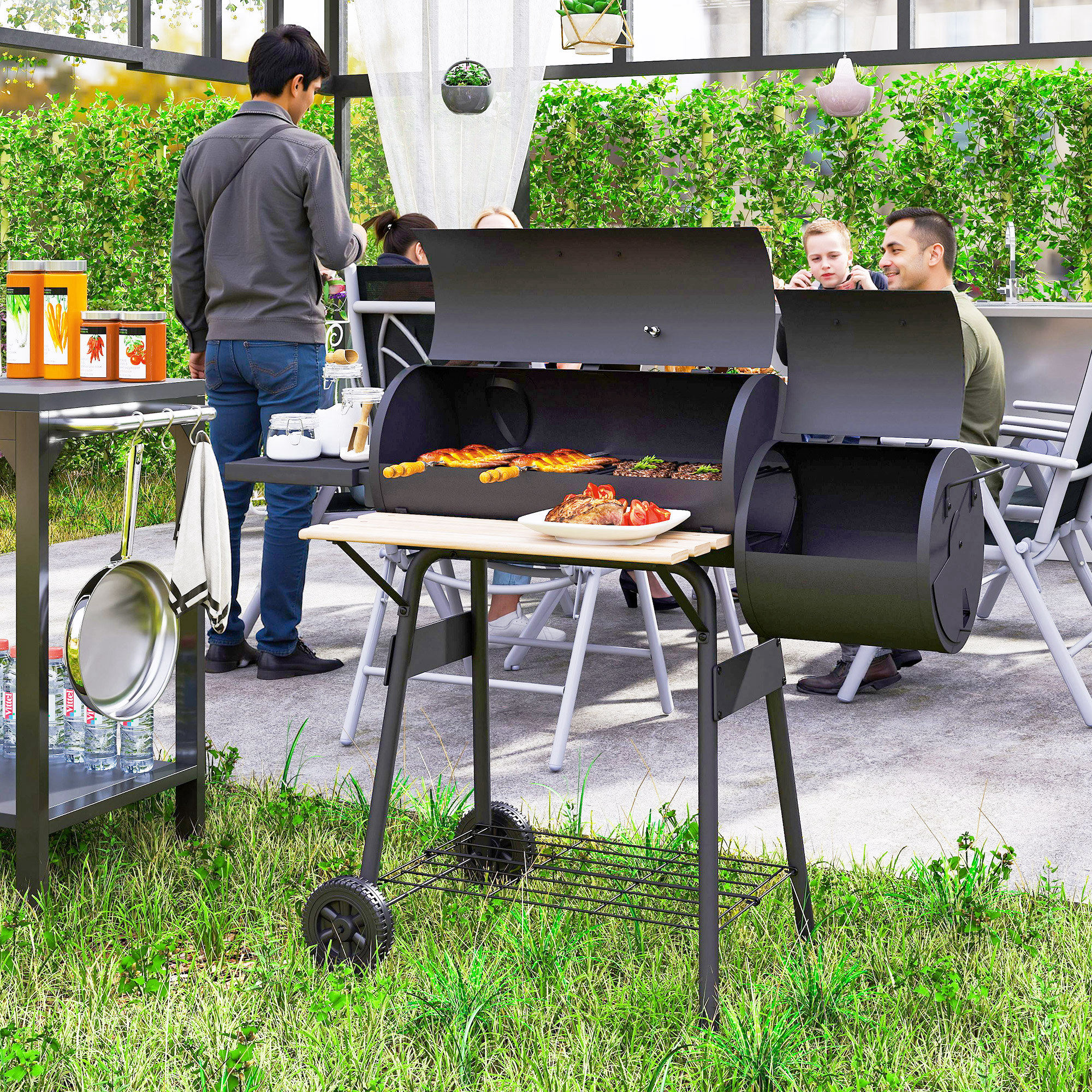 Outsunny Smoker Grill BBQ Holzkohlengrill Grillwagen Multifunktion mit 2 x Brennkammer Schornstein Metall + Tannenholz Schwarz 124 x 53 x 104 cm