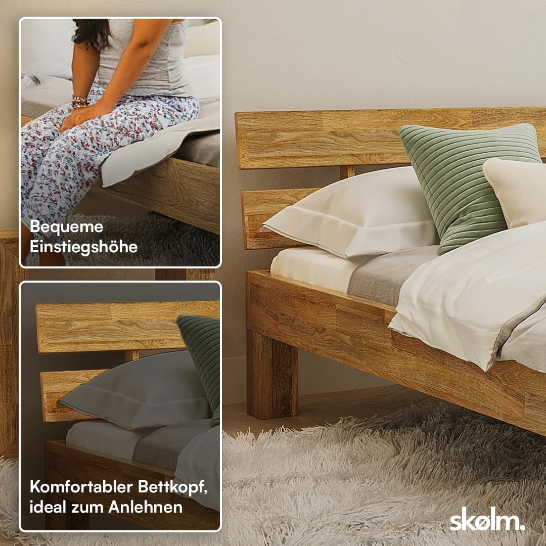 skølm Floki Massivholzbett 140x200 cm aus Eiche - hochwertiges Bettgestell - Bettrahmen mit Bettkopf - Holzbett in Natur geölt - Bett 140x200 cm geeignet als Doppelbett - Futonbett