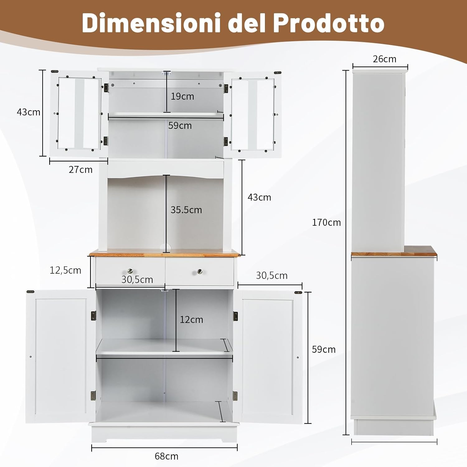 GYMAX Credenza da Cucina Alta, 68 x 40 x 170, Mobile Dispensa in Legno di Gomma, con 2 Ante in Vetro Temperato, Ripiani Regolabili, 2 Cassetti, Mobile per Sala da Pranzo, Bianco