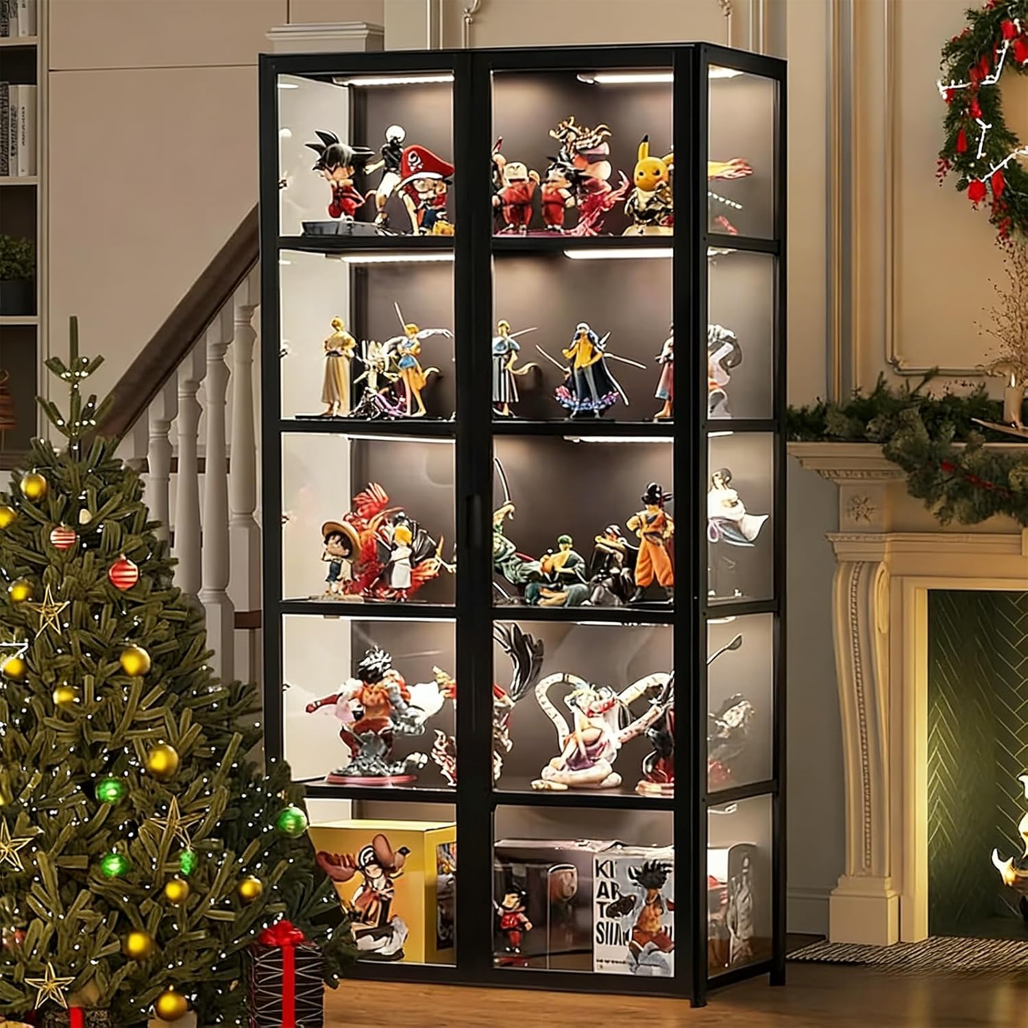 Vitrina Puerta de acrílico, Vitrina con 5 estantes, Organizador de Juguetes colección, estantería Dormitorio, rincón de Lectura, niños, bambú (Doble Apertura Negra)