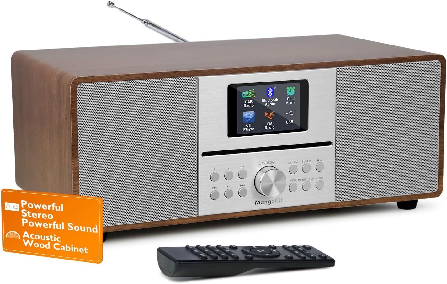 MangoKit MS4 CD Player DAB Radio Hifi System I Bluetooth I Powerful Stereo System I Digital Radio DAB+IAcoustic Wood Cabinet I CD Player I 40 Presets, Headphone Jack I Walnut Finish