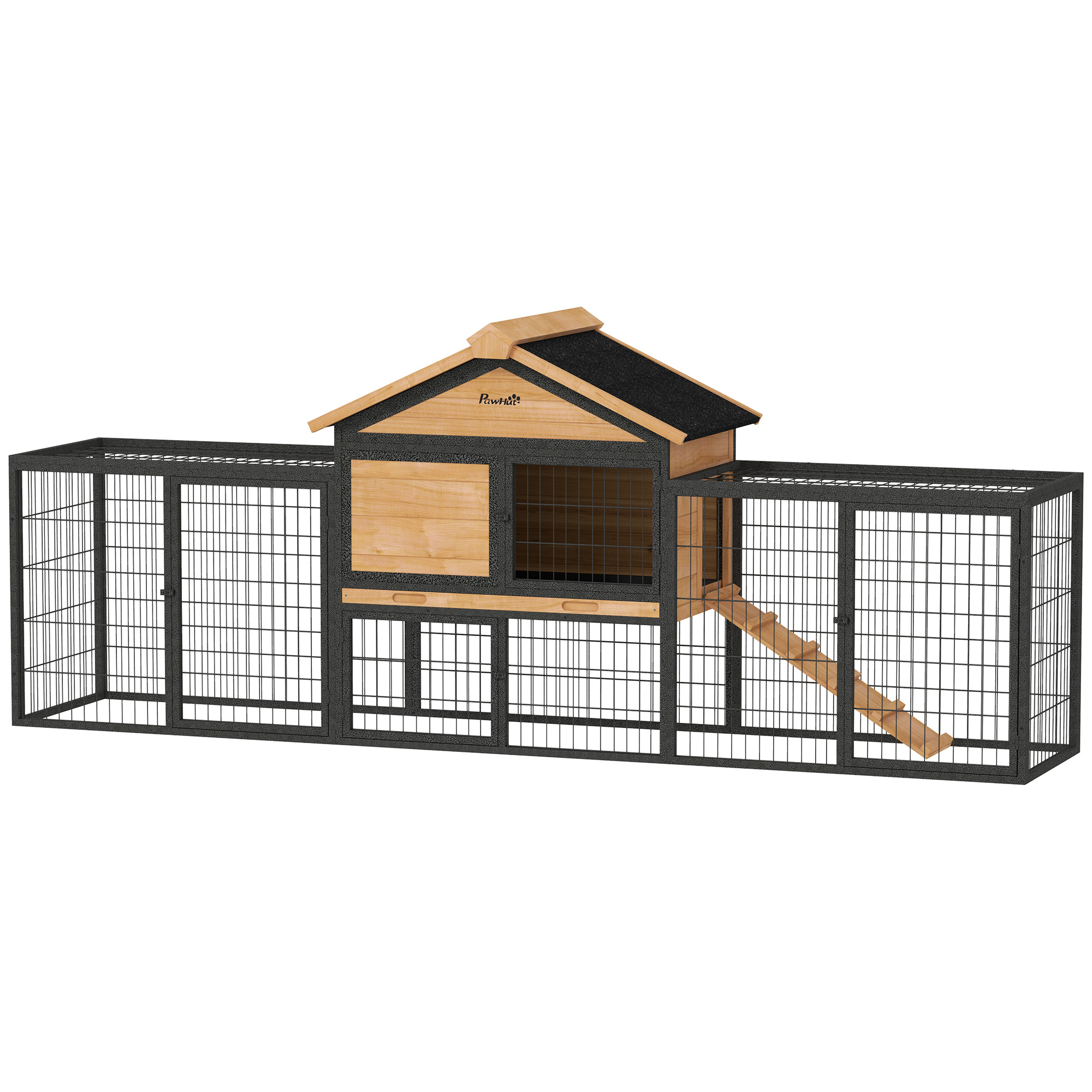 PawHut Konijnenhok 2 Niveaus Winterbestendig met Vrijloopren 217x53x86 cm, Geel