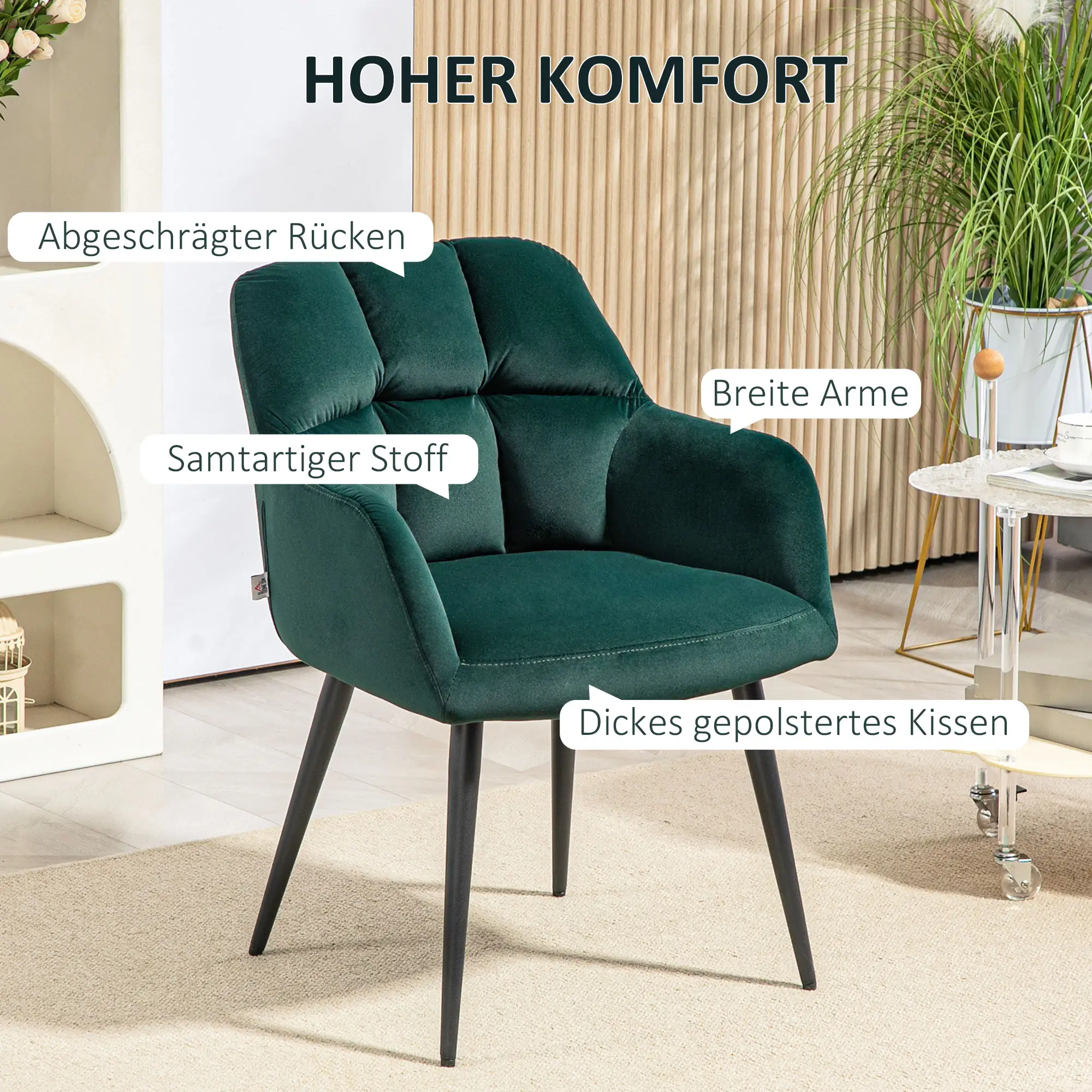 HOMCOM Polsterstuhl Wohnzimmer Samtoptik breite Armlehnen Dunkelgrün