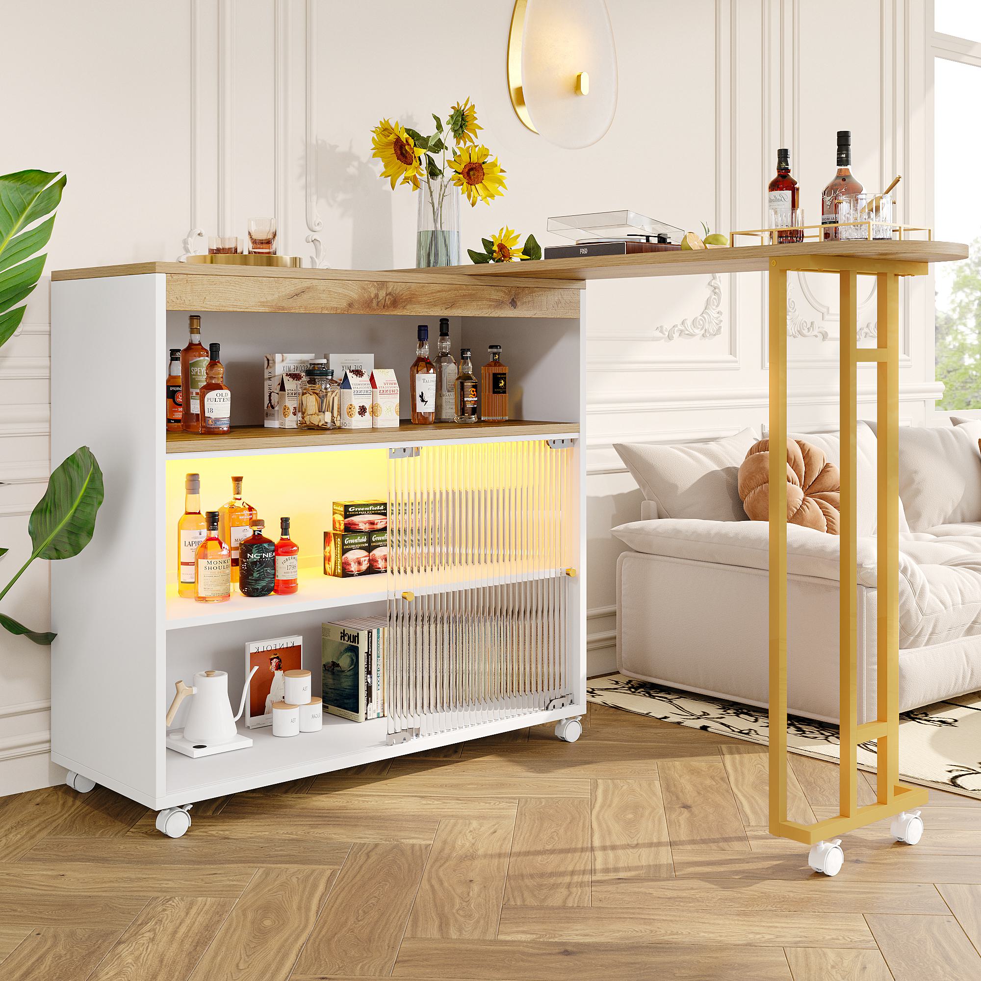 Ausziehbarer Bartisch mit Stauraum, Moderner Bar-Tisch mit LED, Beweglicher Stehtisch mit Schiebetüren, 138-204×39×105cm, Weiß