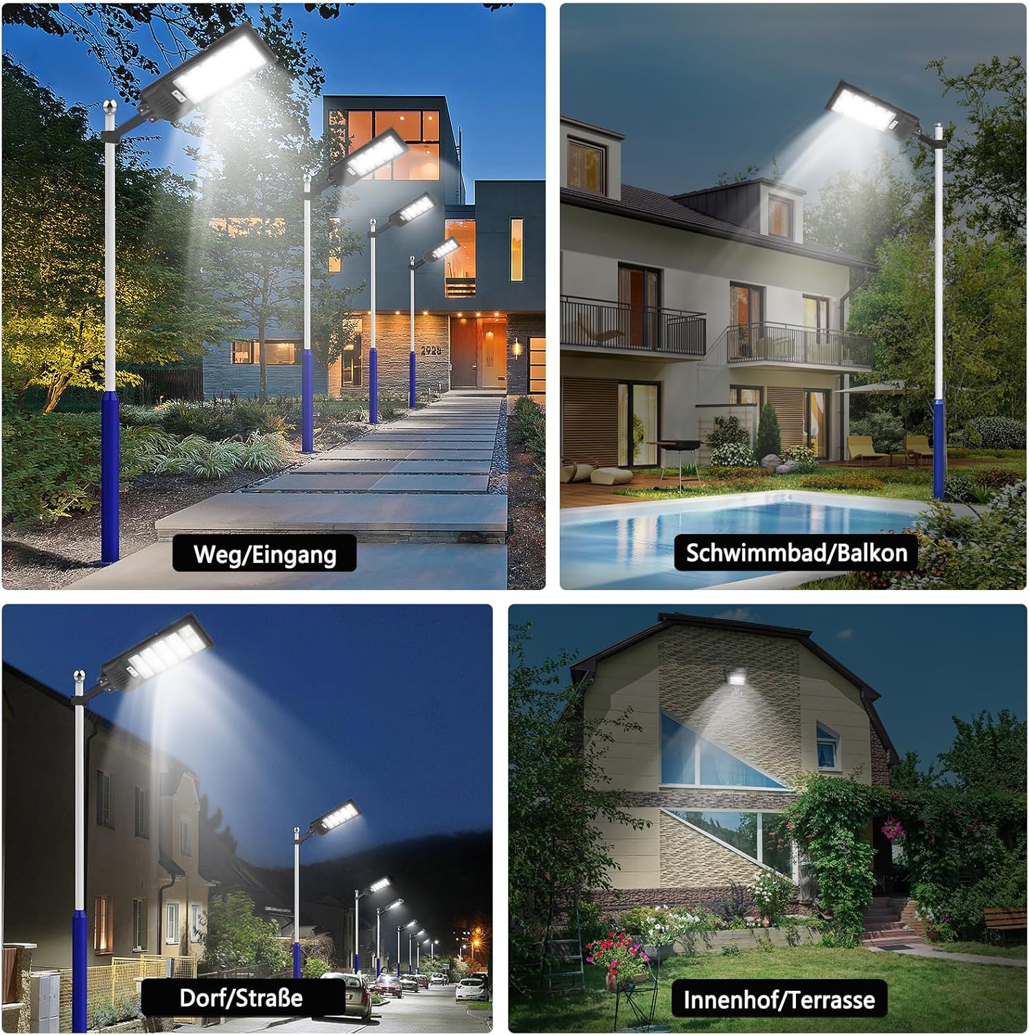 Sararoom 500W Solar Straßenlaterne | 900 LED Strassenlaterne Außenleuchte Solar Strahler Außen mit Bewegungsmelder | 4er 6500K IP65 Wasserdicht Sicherheitsleuchte Solarlampe für Garten Garage Hof Wege