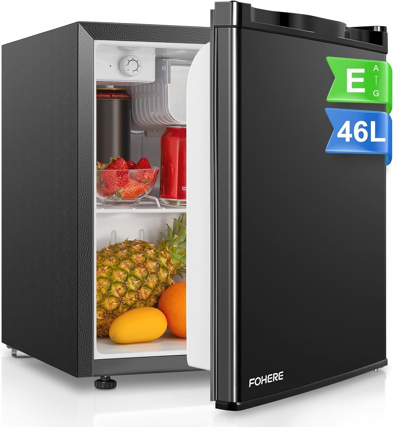FOHERE Frigorifero Piccolo 46Litri, Mini Frigo Tavolo Monoporta, Termostato Regolabile, Silenzioso, Porta Reversibile, Adatto a casa, Appartamenti, ufficio e hotel, Nero
