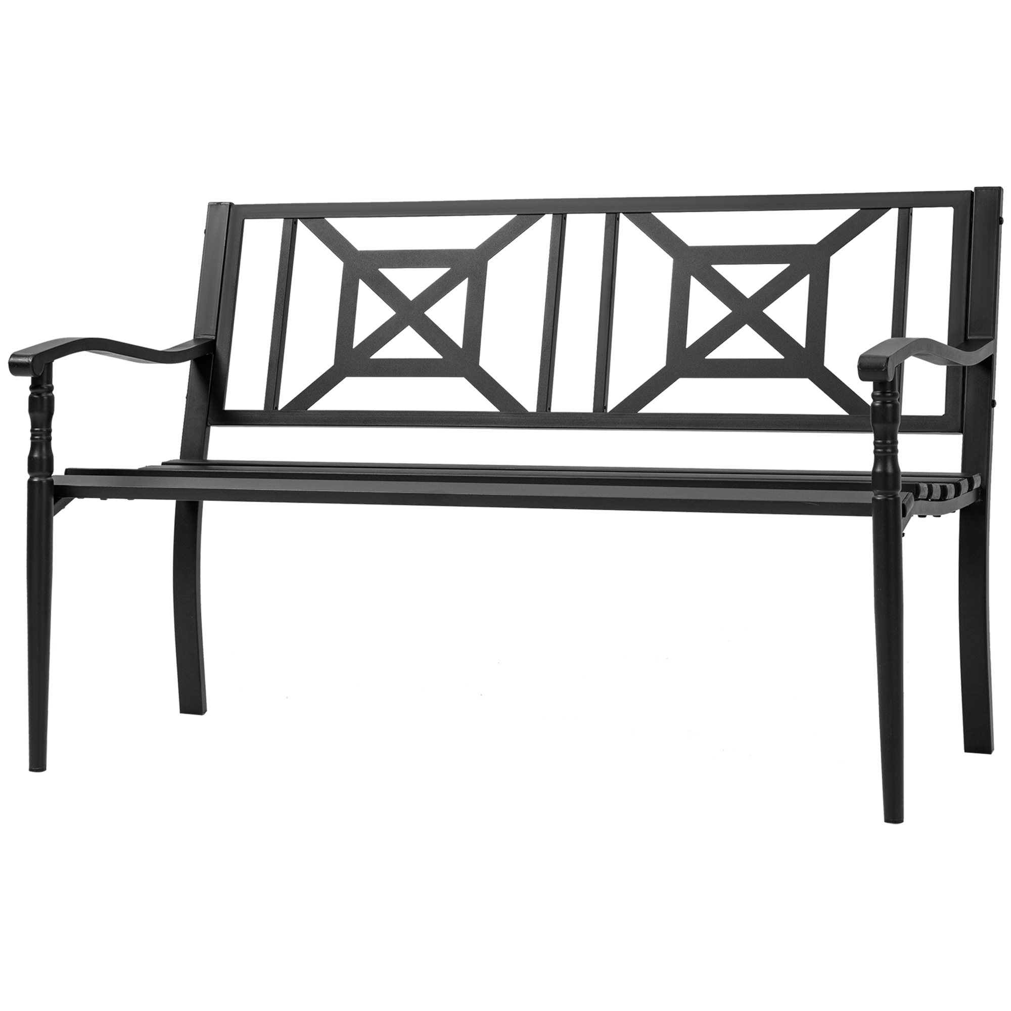 Outsunny Schwarze Gartenbank aus Stahl für 2 Personen mit hoher Rückenlehne und Armlehnen, 128x62,5x81,5 cm