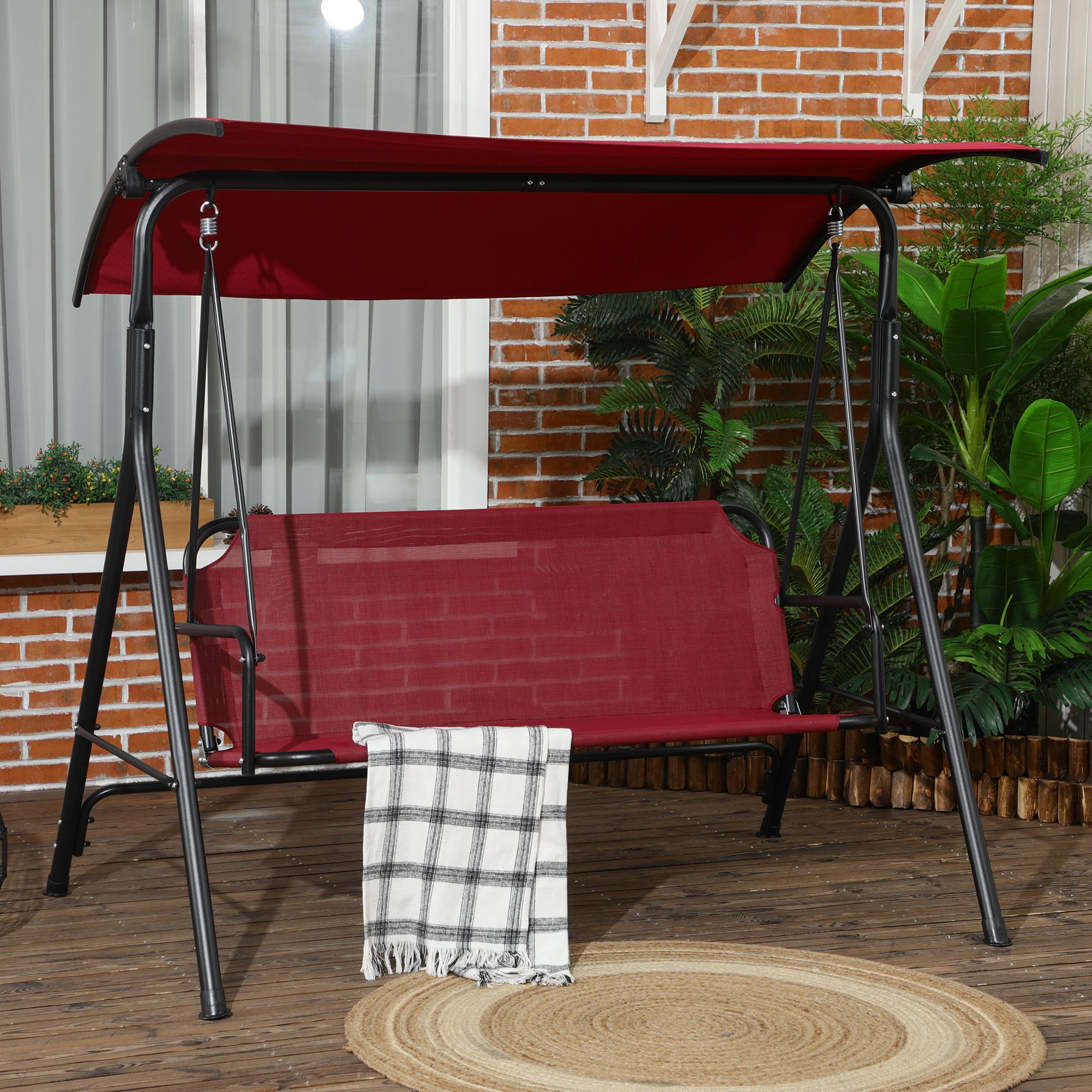 Outsunny Gartenbank 3-Sitzer aus Stahl mit verstellbarem Sonnenschirm aus Polyester, 172x110x153 cm, Rot und Schwarz