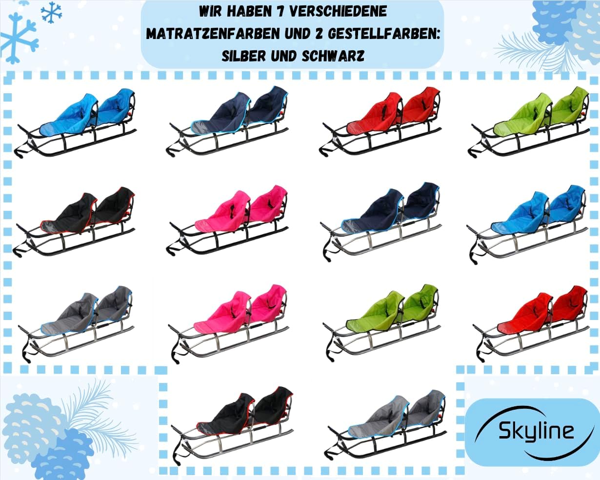 2in1 Kinder Duo Schlitten aus Aluminium mit Rückenlehne, Matrazen, LED für Kinder und Erwachsene 2 Personen Tragfähigkeit bis 100kg (Silver/Navy)