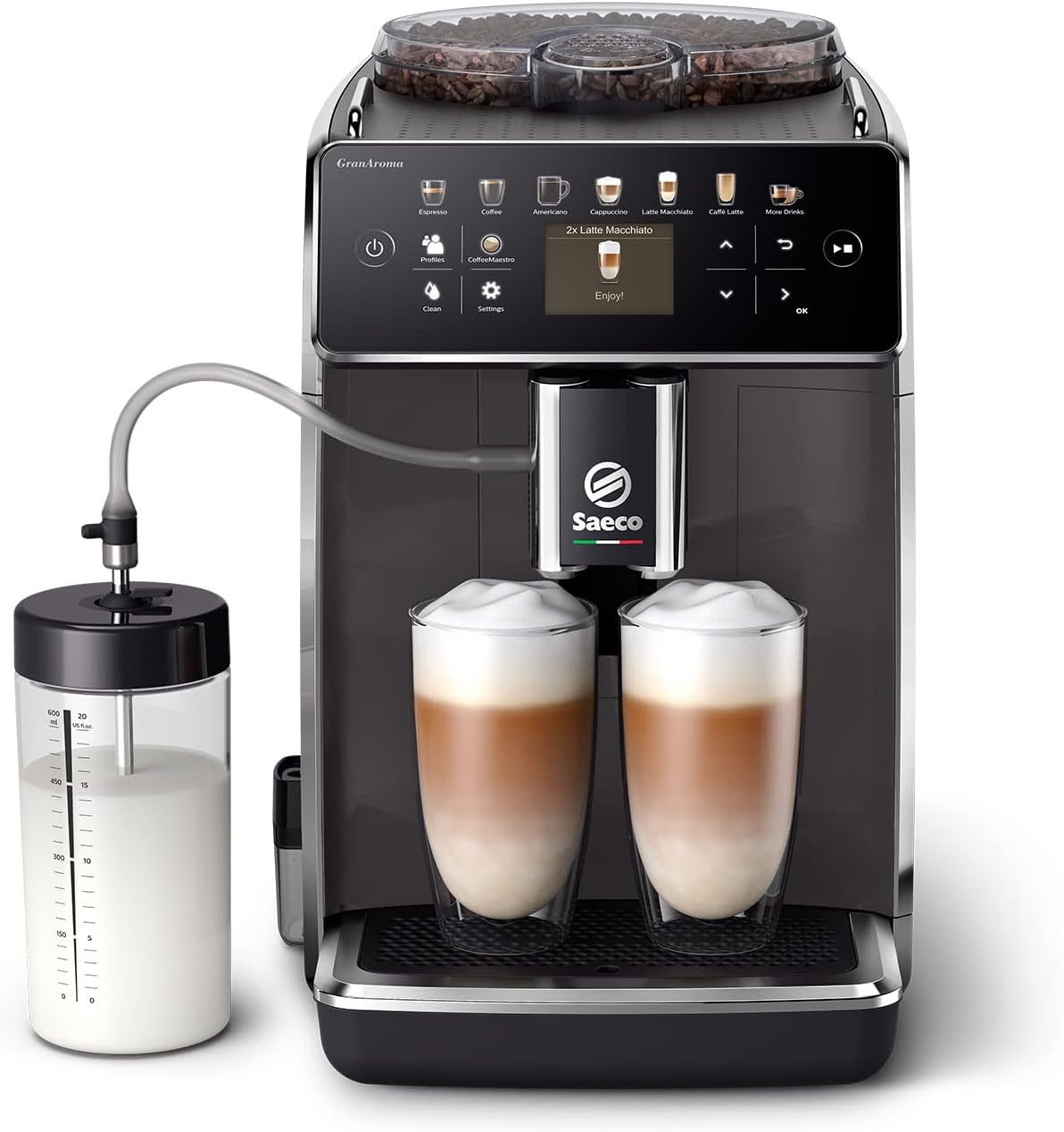 Saeco GranAroma Macchina da Caffè Automatica - 14 Bevande Programmabili, LattePerfetto, Macinacaffè in Ceramica, Aroma Extract, 4 Profili Utente, Display Touch a Colori, Grigio (SM6580/10)