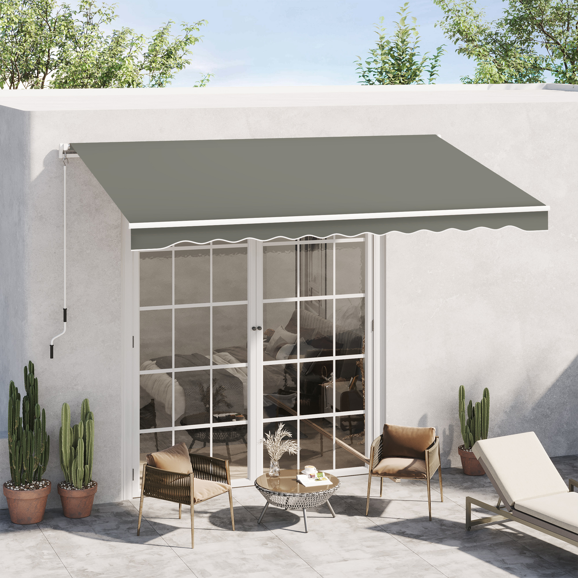 Outsunny Markise Manuel retraktierbarer Neigungswinkel Aluminium Polyester wasserfest 3,5 m Länge x 2,5 m Breite Grau