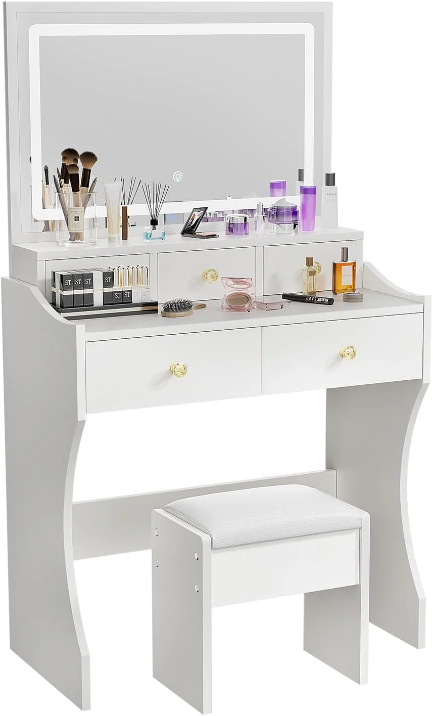 Makeup Table with Extra Large Mirror and Lights, 80cm Dressing Table with Stool