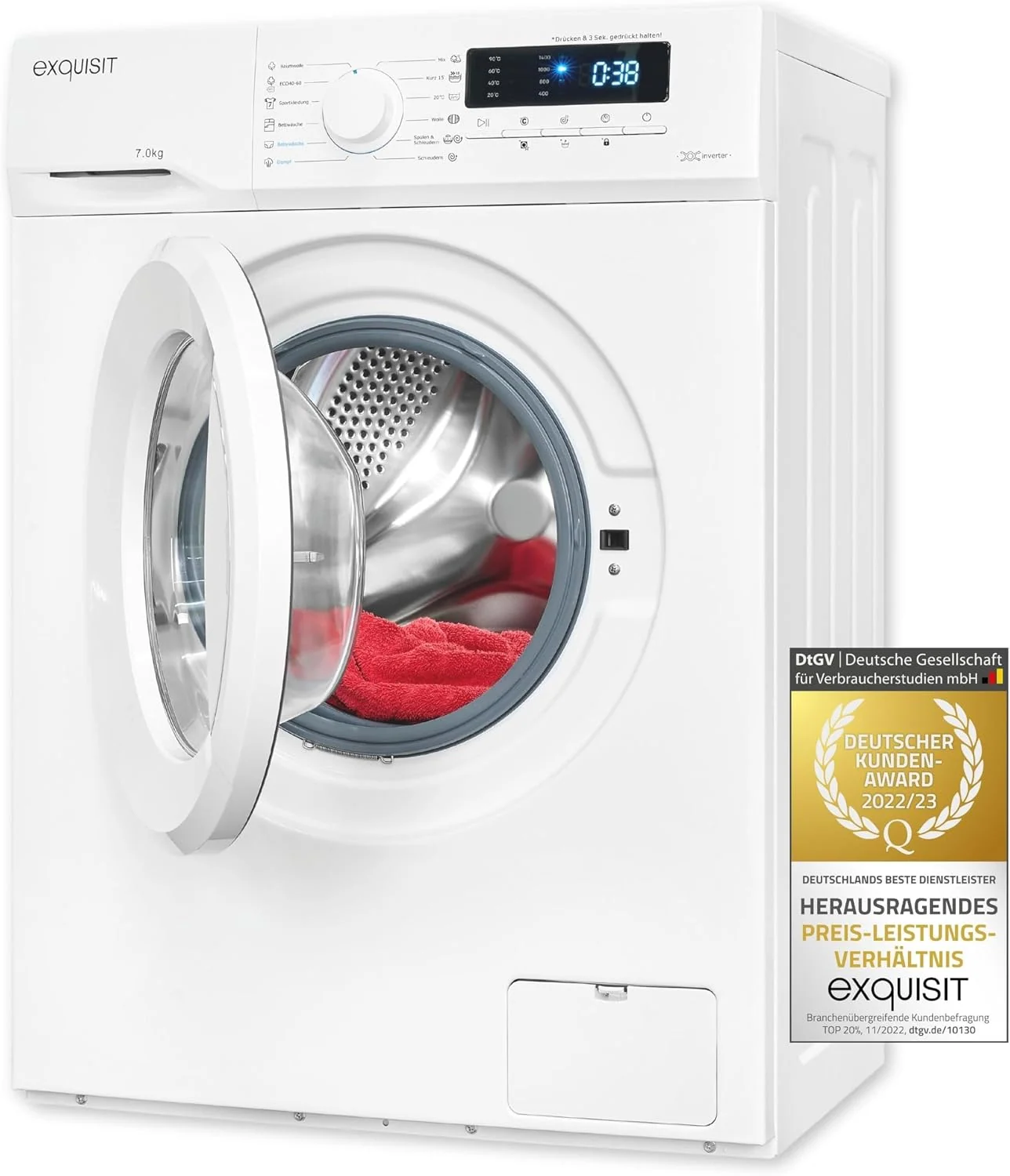 Exquisit Waschmaschine, 7 kg, Weiß, WA7014-020A weiss, Fassungsvermögen, Energieeffizienzklasse A, 12 Waschprogramme