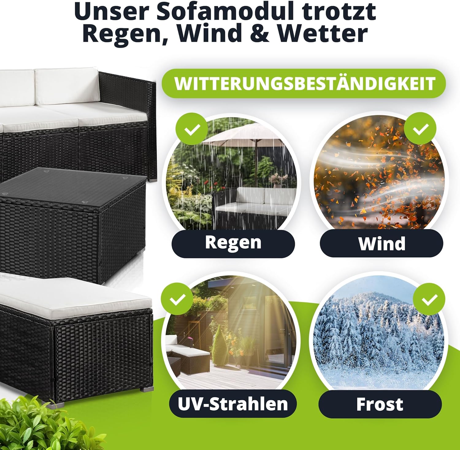 Juskys Polyrattan Lounge Punta Cana M für 3-4 Personen mit 3er Sofa, Sessel, Tisch & Kissen, Sitzgruppe für Garten, Terrasse und Balkon, Gartenmöbel Set wetterfest - schwarz/Creme