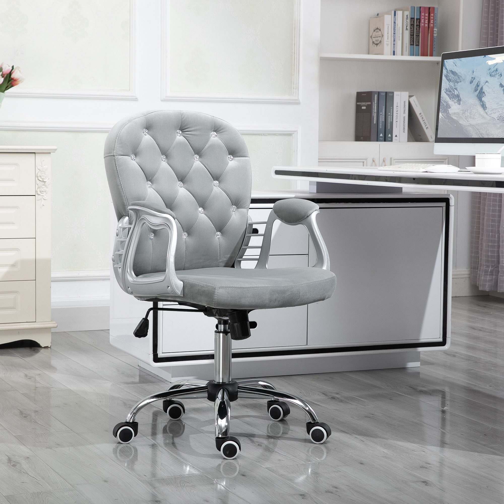 Vinsetto Bürostuhl, Ergonomisch Schreibtischstuhl mit Armlehne, Gepolsterter Rückenlehne, Höhenverstellbar Computerstuhl mit Velvetoptik, Drehstuhl für Home Office, Grau