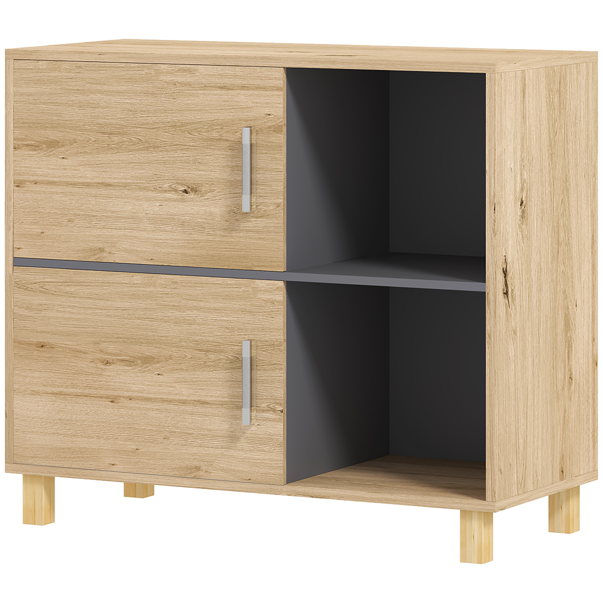 HOMCOM Badezimmerschrank, Aufbewahrungsmöbel mit offenen Fächern und Schrank, Maße 80 x 35 x 70 cm, natürliche Holzoptik
