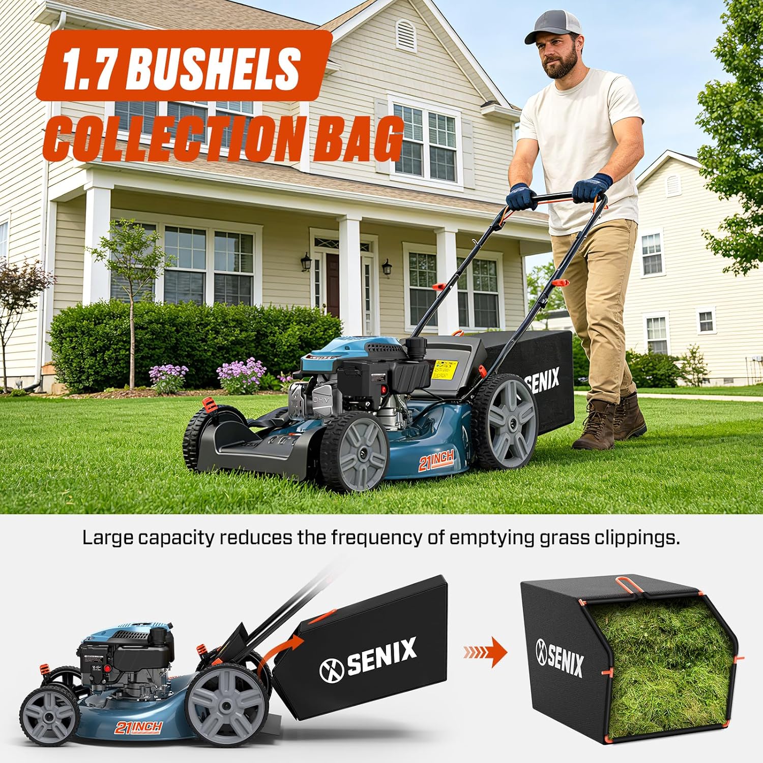 SENIX 21'' Self-Propelled Gas Lawn Mower (FWD)  170 cc 4-Cycle Engine 3.8 HP  3-in-1 (Bagging/Mulching/Side Discharge)  6-Position Cutting Height Adjustment  1.7 Bushels Grass Bag
