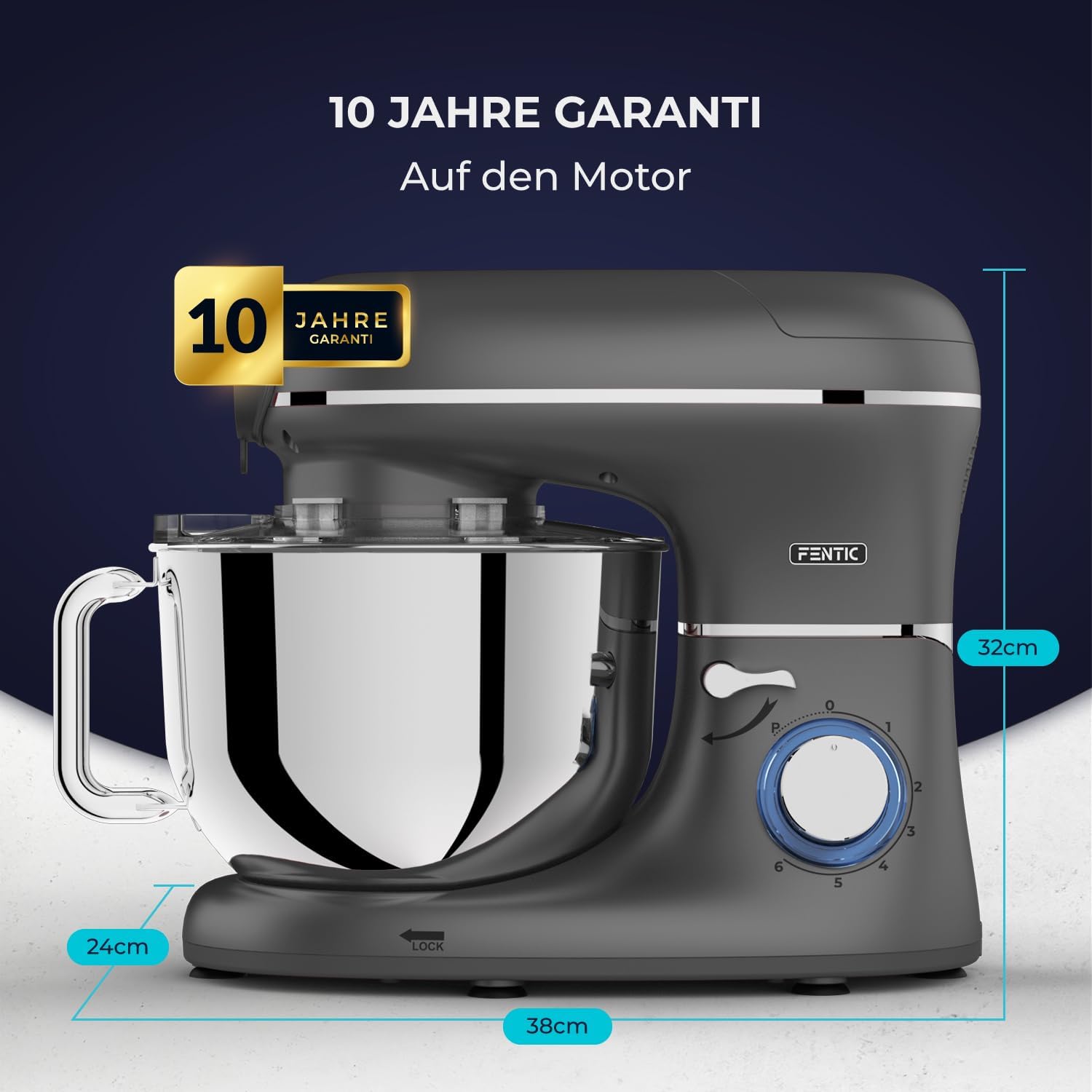 6-in-1 Küchenmaschine – 2000W – Mit Fleischwolf, 1,5L Entsafter, Gemüseschneider und Mehr – Knetmaschine mit 6,2L Rührschüssel, Rührhaken, Knethaken, Schlagbesen und Spritzschutz (Anthrazit)