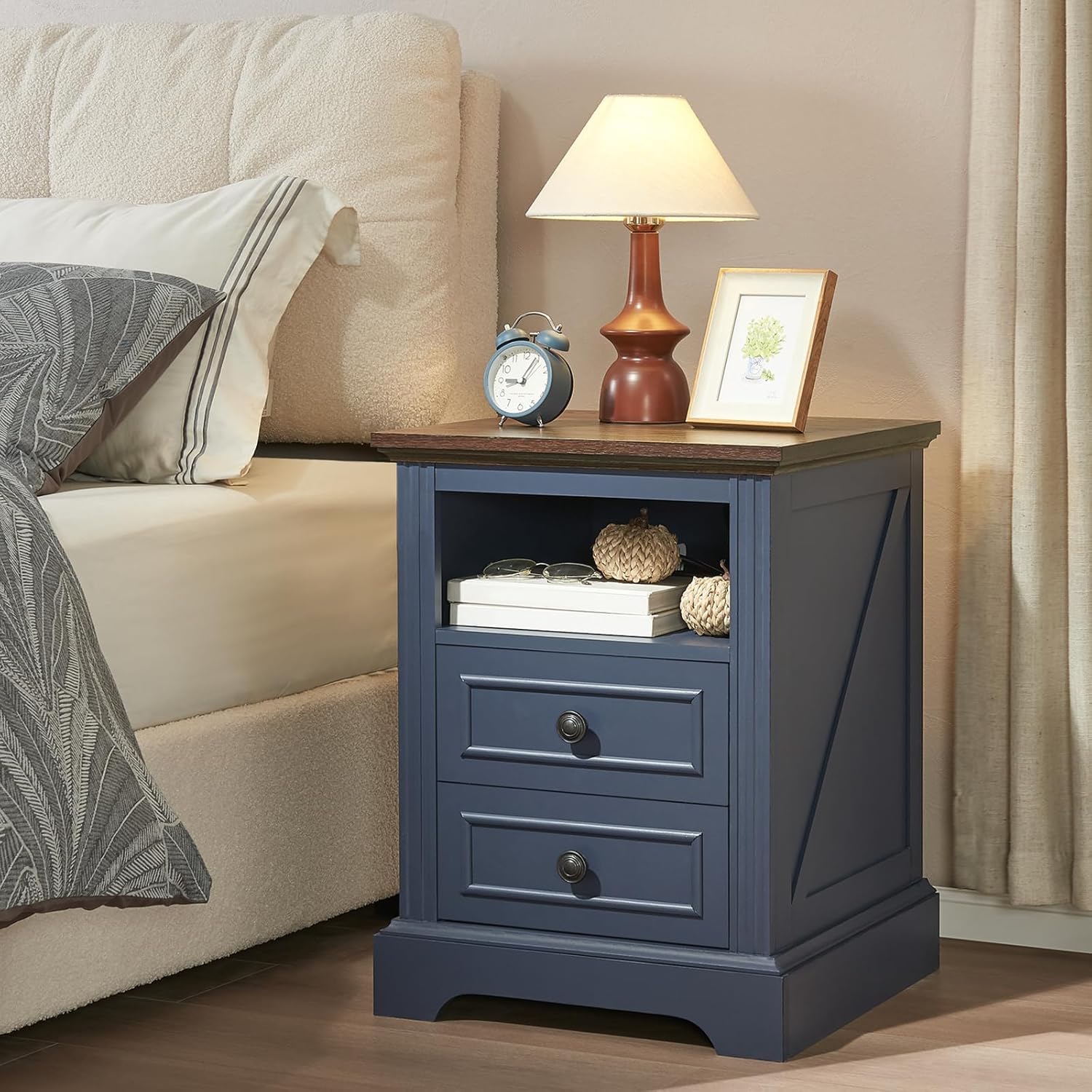 QUW Nightstand Set of 2 with Charging Station, Side Table with 2 Drawers and Open Storage, 18