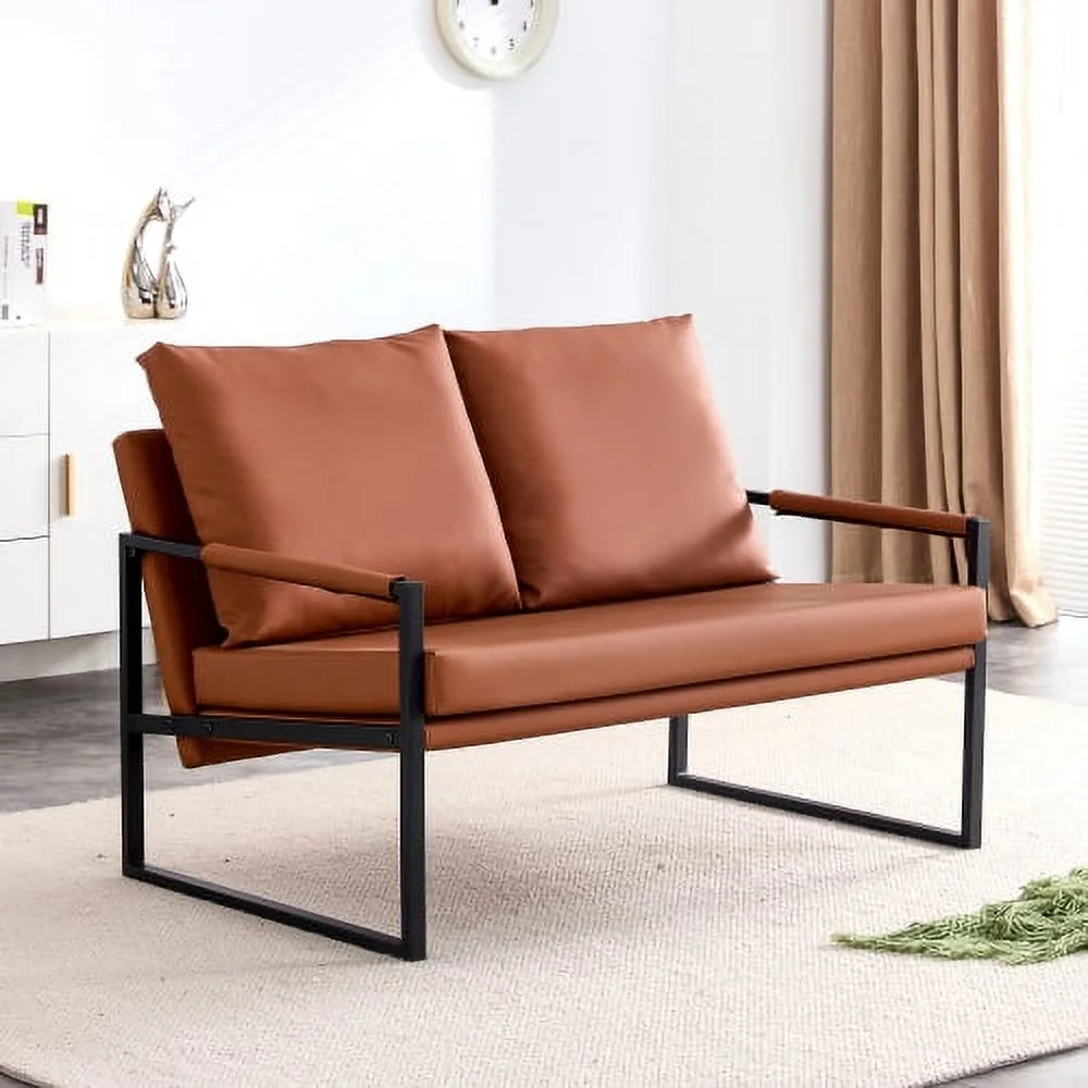 GVJMTKP Modern Brown PU Leather Two Seater Sofa Chair with Pillows & Metal Frame