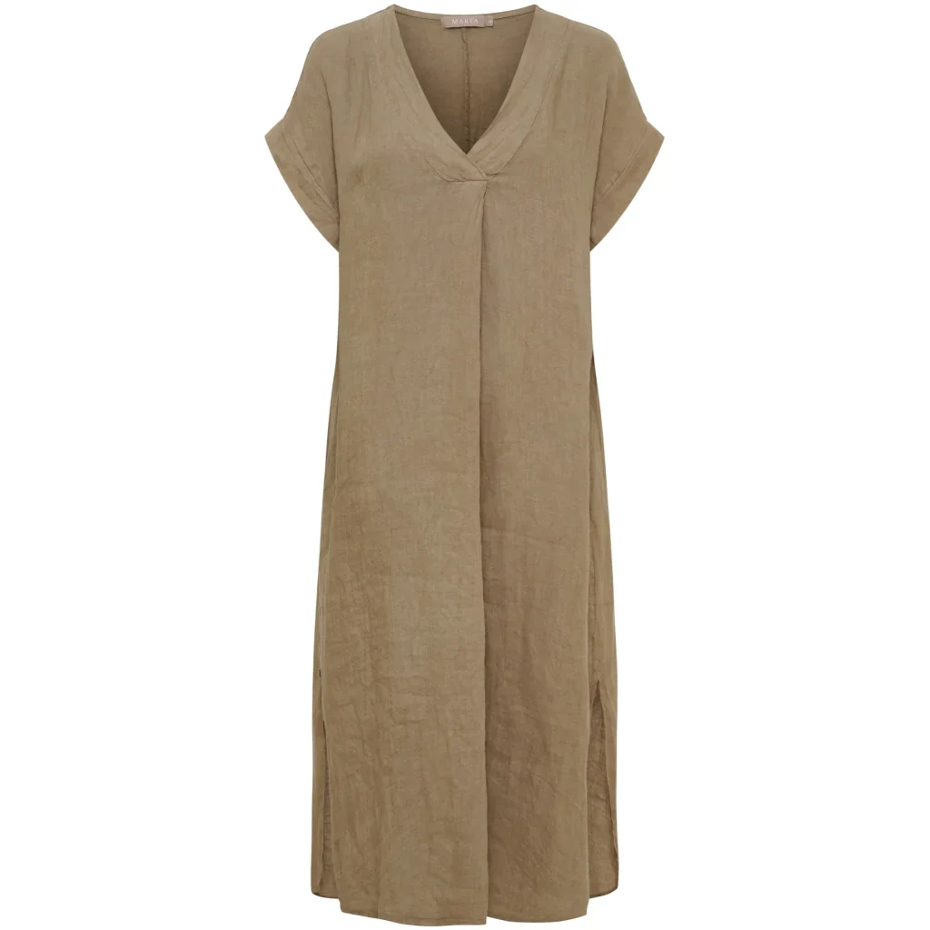 Coffee Linen V-Neck Dress with Pockets by Marta Du Chateau