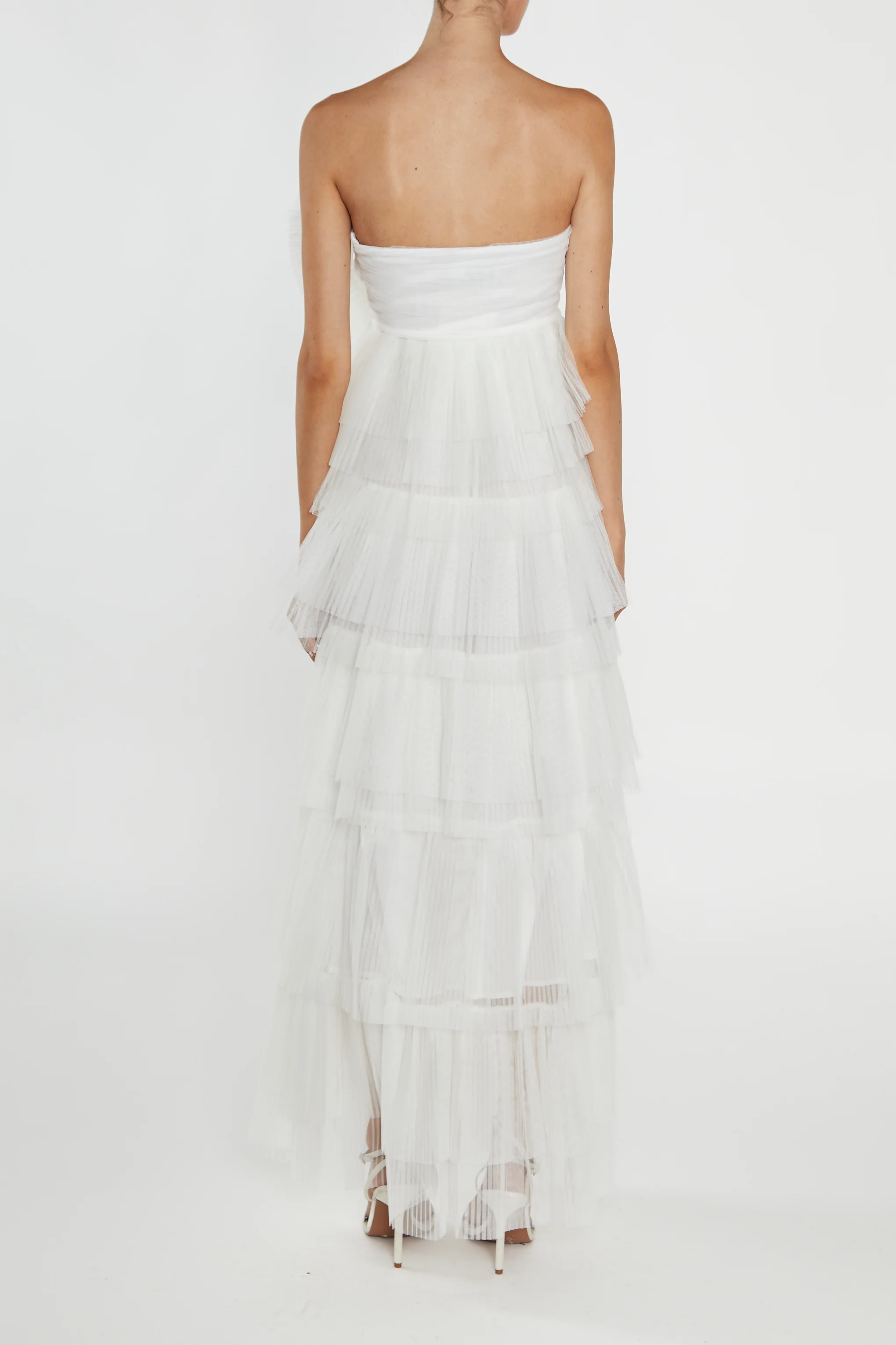 Valerie White Pleated 3D Tiered Midi-Dress