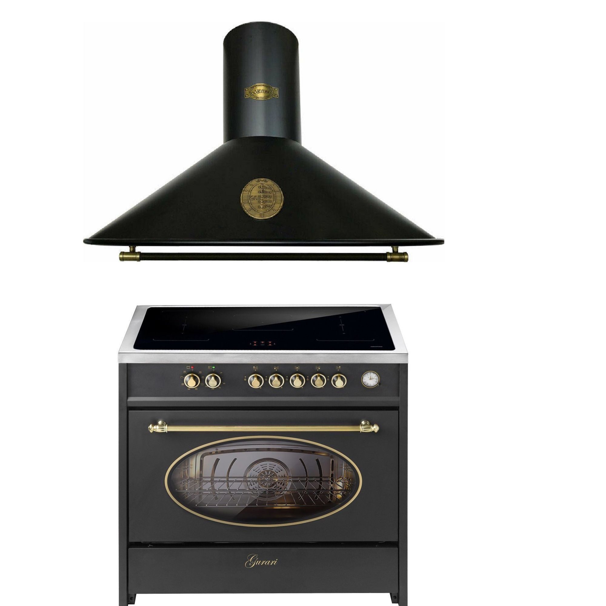 Induktions Herd-Set Retro Range Cooker 90 cm, FLEX ZONEN, Booster, 5 Zonen,121L+Dunstabzugshaube 90 cm E 913 RU BL+A 9423 ECO.