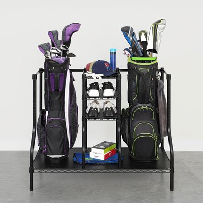 Golf Rack holding several golf equipment items