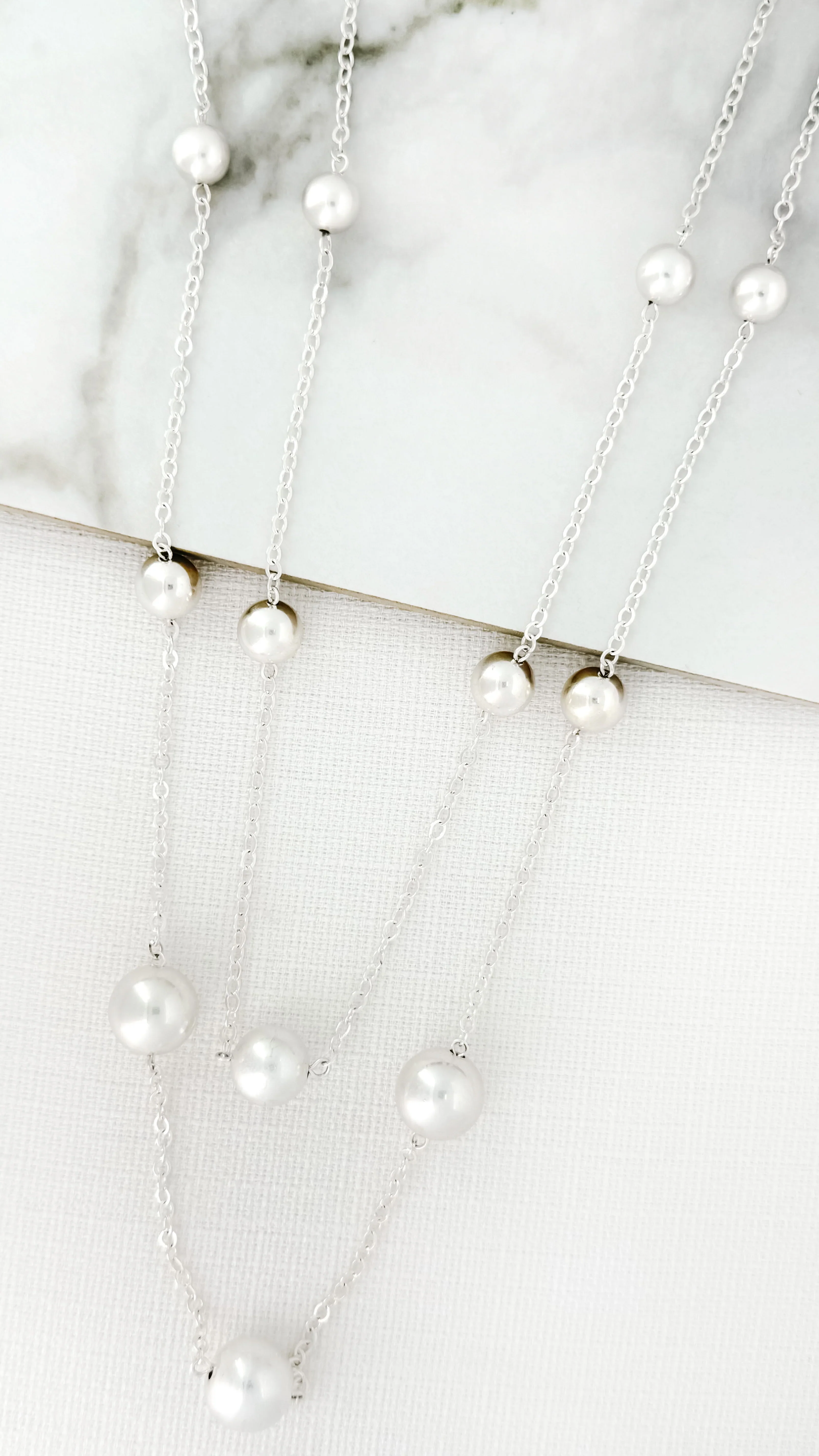 Envy Long Double Layer Ball Necklace , Silver