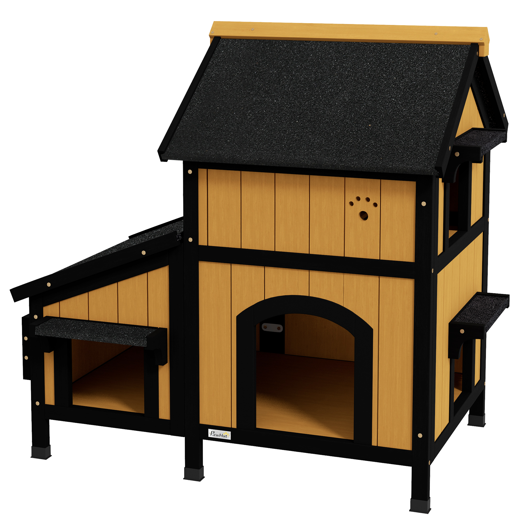 PawHut Katzenhaus Katzenhütte Katzenhöhle, inkl. Blumenkasten, 96 cm x 65 cm x 85,5 cm, Gelb + Weiß + Schwarz