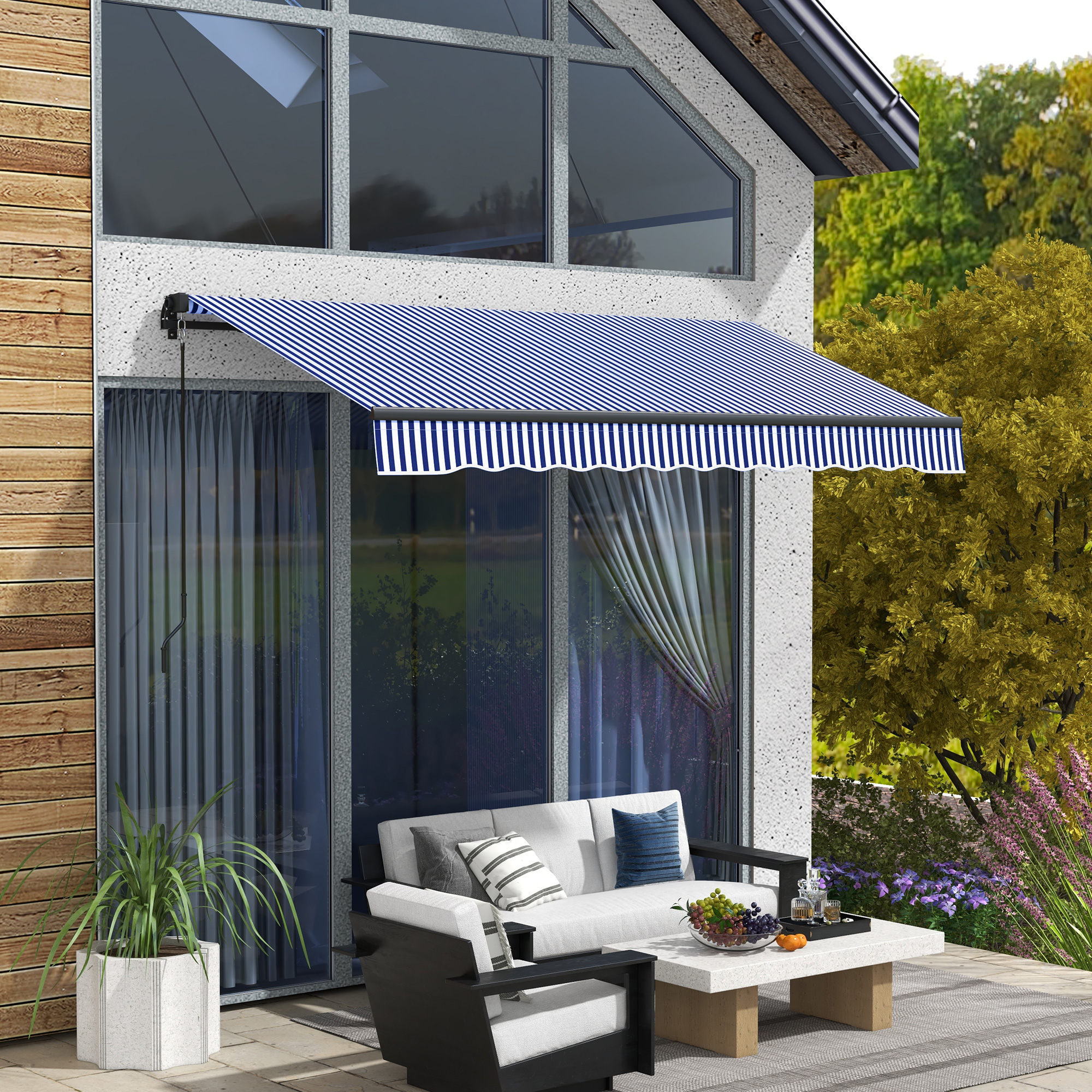 Outsunny Sonnenmarkise Markise Terrassenmarkise, inkl. Handkurbel, wetterbeständig, 247 cm x 295 cm, Blau + Weiß