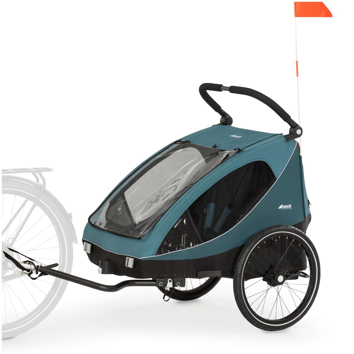 hauck Fahrradanhänger & Kinderwagen Dryk Duo Plus mit Federung, für 2 Kinder (6-48 Monate), inkl. Deichsel, Buggyrad, Fahne und LED Licht, Faltbar, Höhenverstellbar, XL Kofferaum (Dark Green)