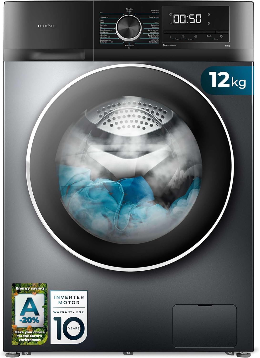 Cecotec Lavatrice a Carica Frontale 12Kg Bolero DressCode 12500 Inverter Steel. 1400RPM, Inverter Plus, 16 programmi, SteamMax, Pearl Drum, Delay Start, Drum Clean, Display, Allergy Care, Stop&Go