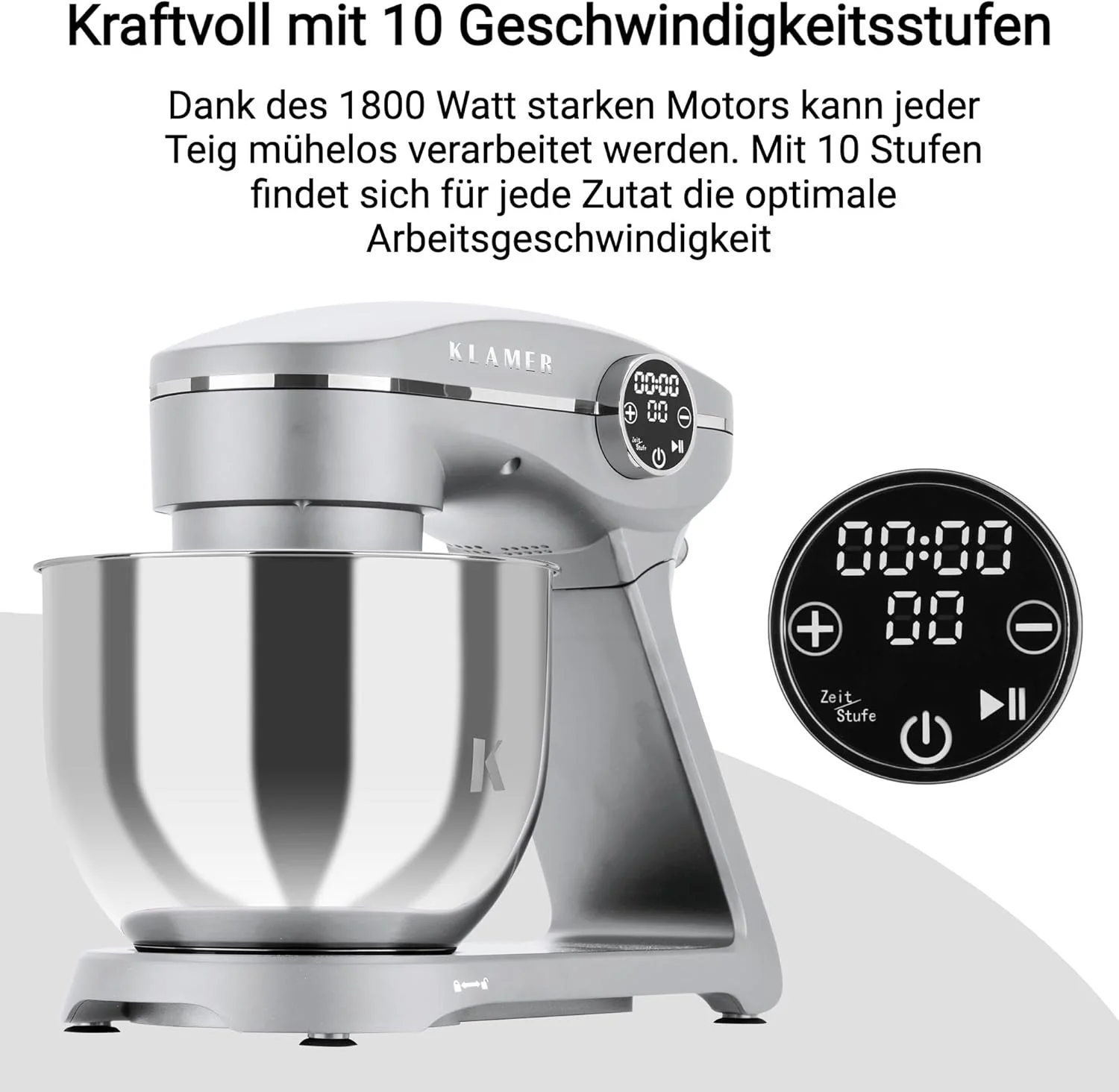 KLAMER Keukenmachine 1800W, Kneedmachine met 6 Liter RVS Kom, 10 Snelheidsstanden met Timer, Klopper, Deeghaak, Garde en Spatdeksel