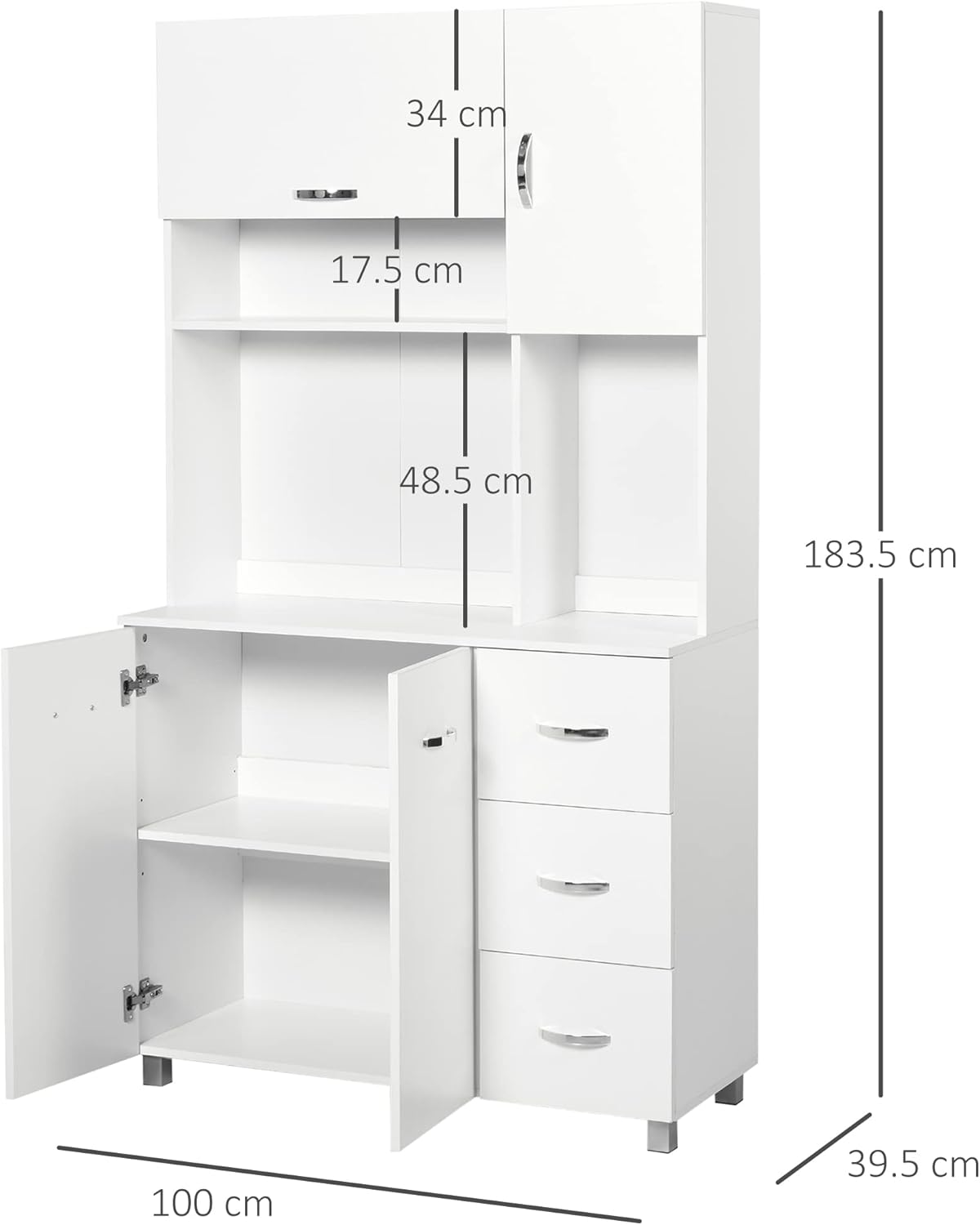 HOMCOM Credenza Alta Moderna con Cassetti e Armadietti, Mobile Cucina per Microonde con Ripiani Aperti, 100x39.5x183.5cm, Bianco