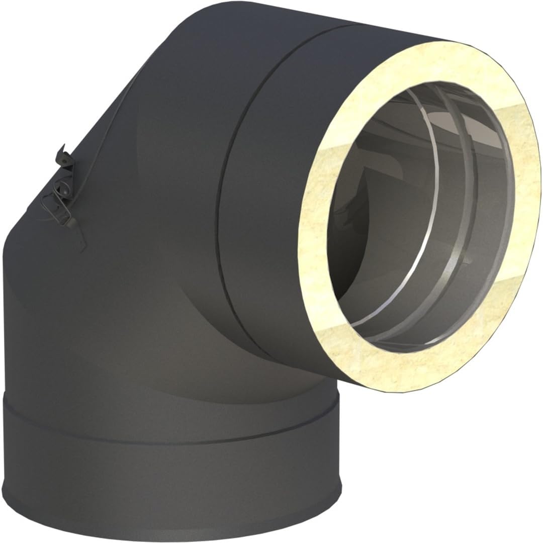 Jeremias DW-Black 200mm Winkel 90 Grad mit Revision runde Öffnung doppelwandig Edelstahl Abgasanlage für Öl Gas Festbrennstoffe