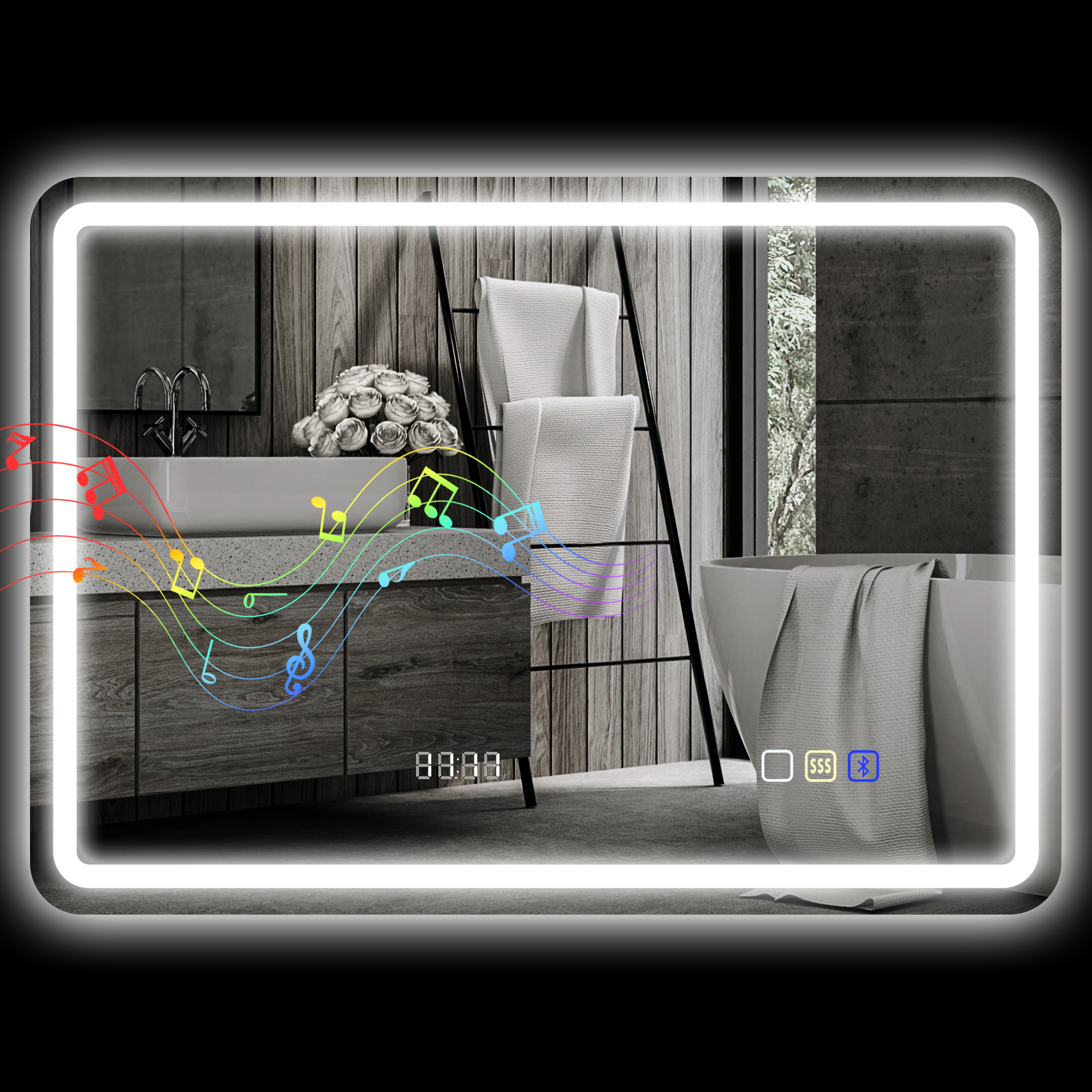 HOMCOM Badezimmerspiegel mit LED-Licht 70x50 cm mit Bluetooth 3 Lichtfarben Digitale Uhr Beschlageschutz Speicherfunktion